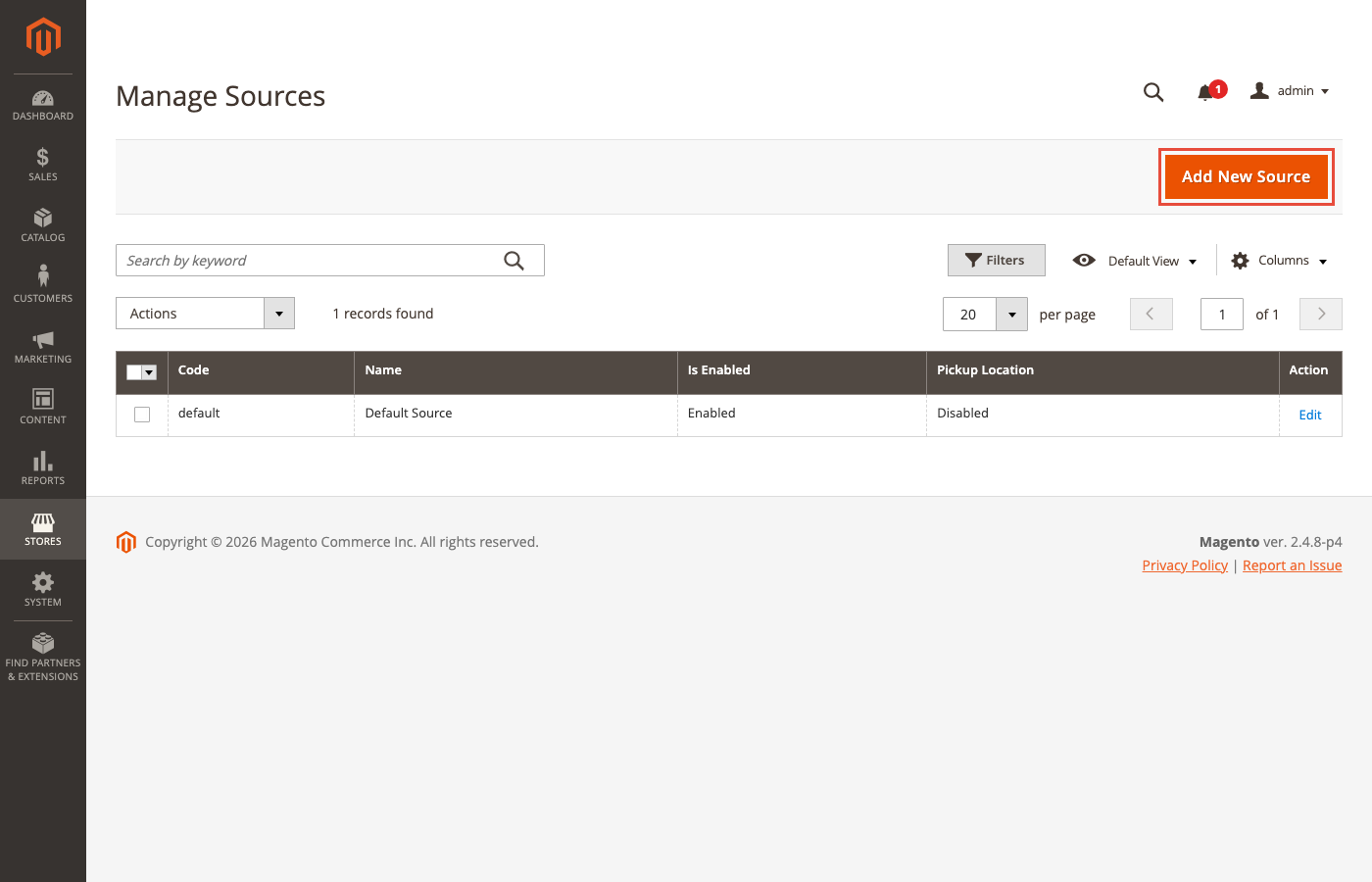 Inventory Sources management in Magento 2.4.8 Admin Panel Magento Admin: Manage Sources listing for inventory locations