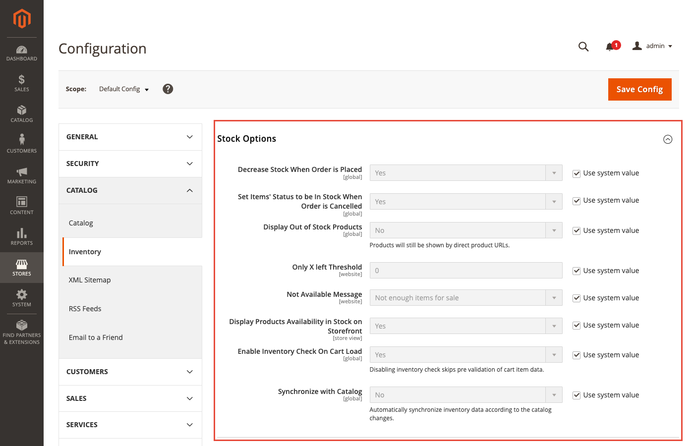 Stock Options in Stores > Configuration > Catalog > Inventory (Magento 2.4.8) Magento Admin: Inventory Stock Options configuration