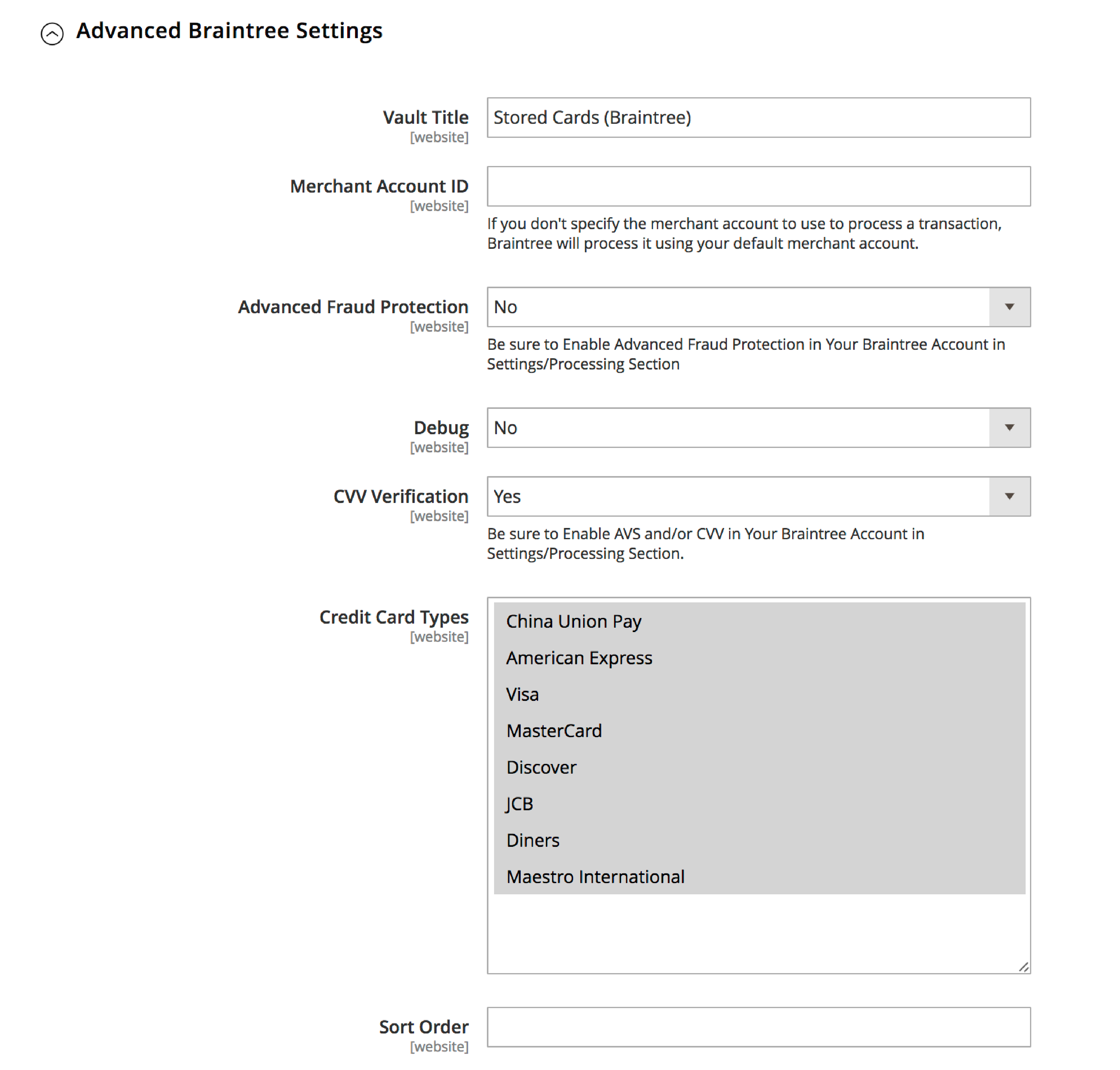 Advanced Braintree settings in Magento 2