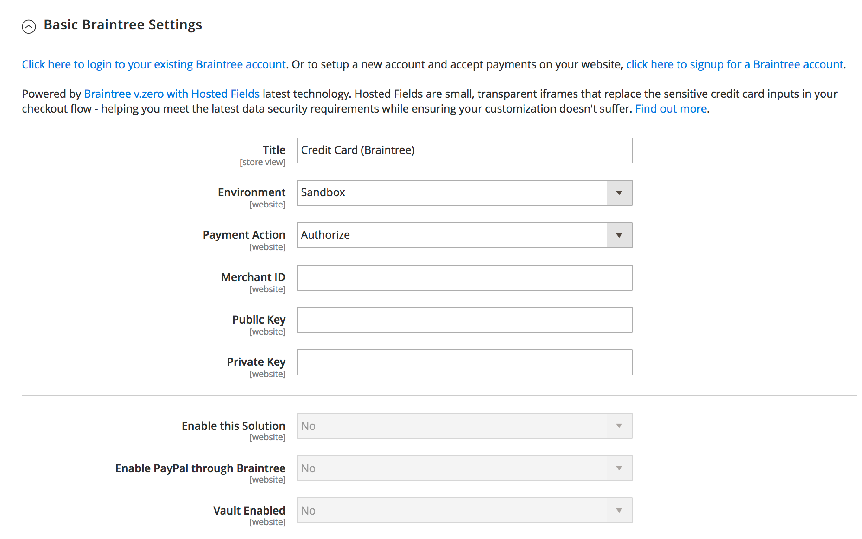 Setting options in basic Braintree settings, Magento 2