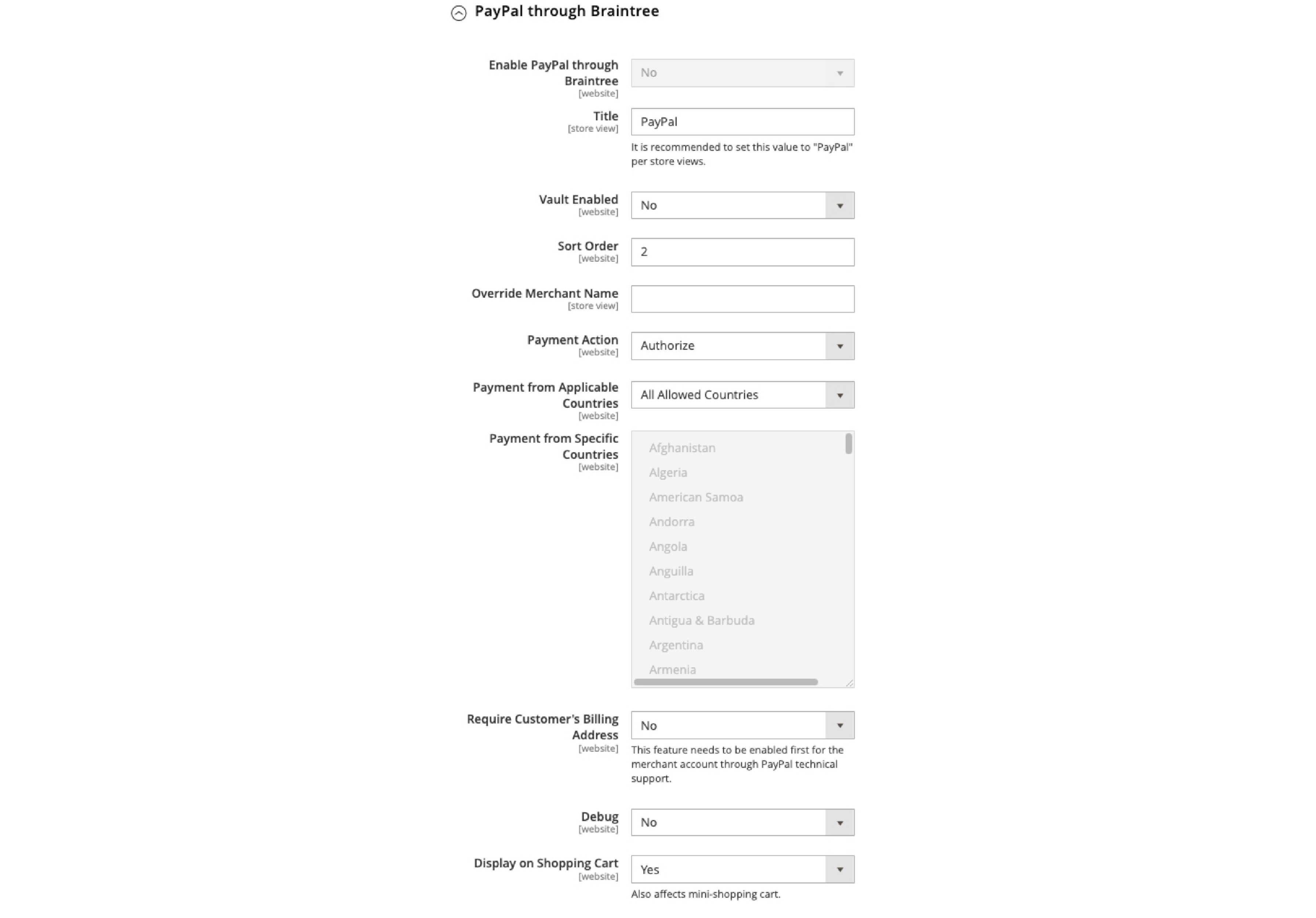 PayPal settings via Braintree in Magento 2