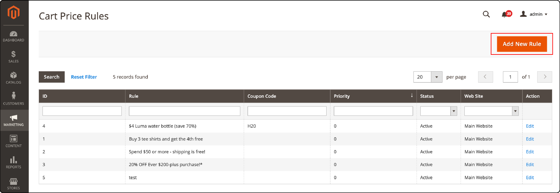 Navigating to Cart Price Rules for specific coupon creation in Magento 2