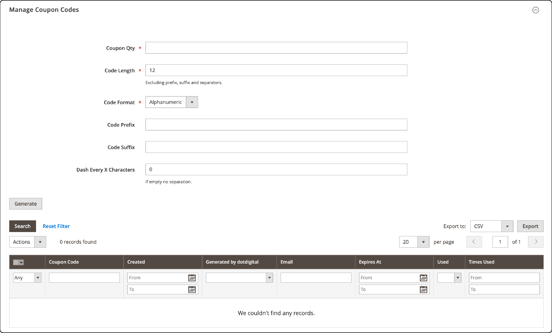 Managing coupon codes tab settings in Magento 2