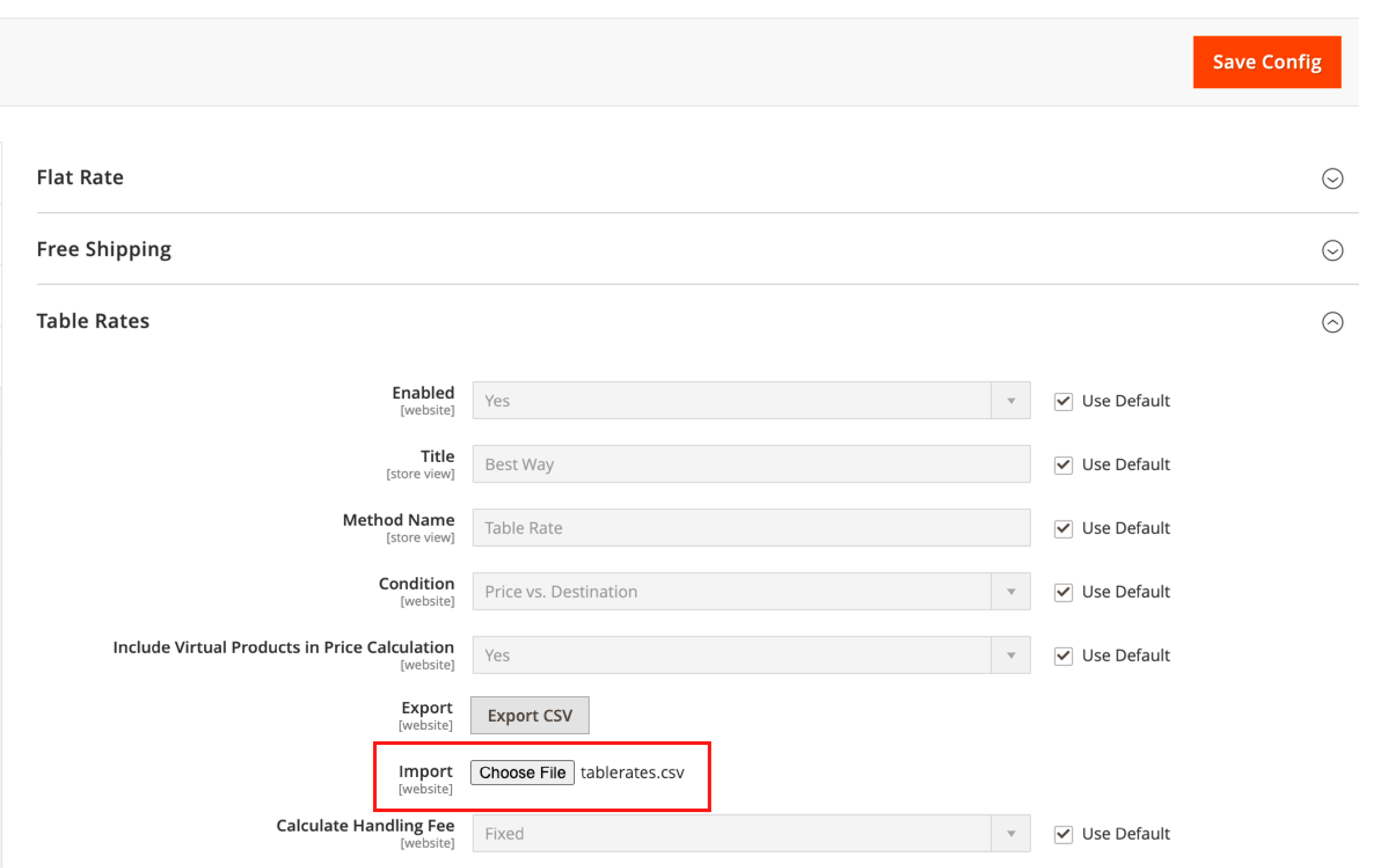 Importing table rates data in Magento 2 admin panel for shipping rates