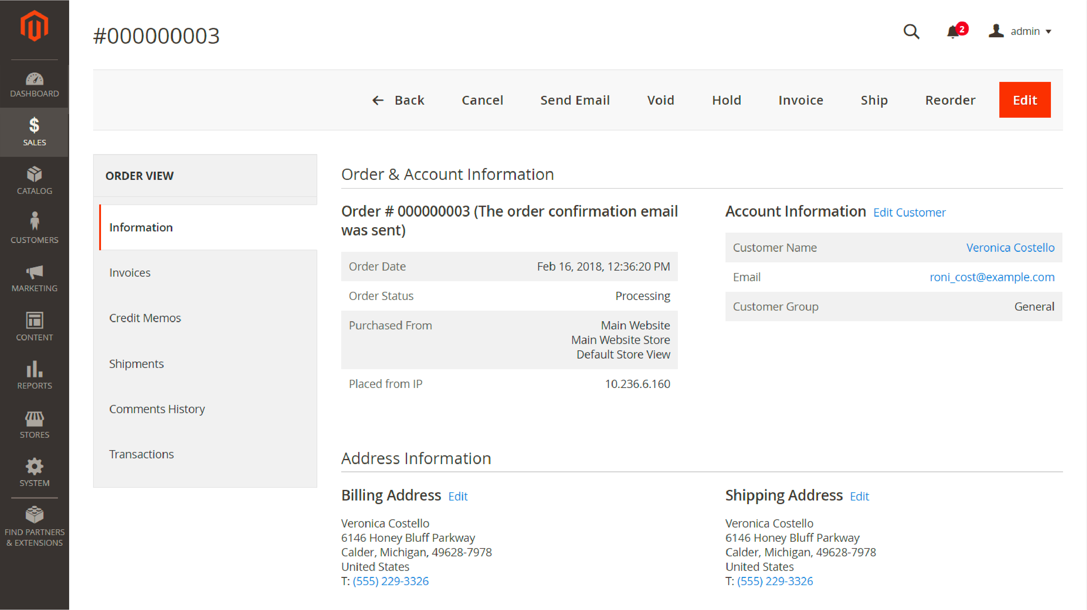 Screenshot of Creating an Invoice for an Order in Magento 2