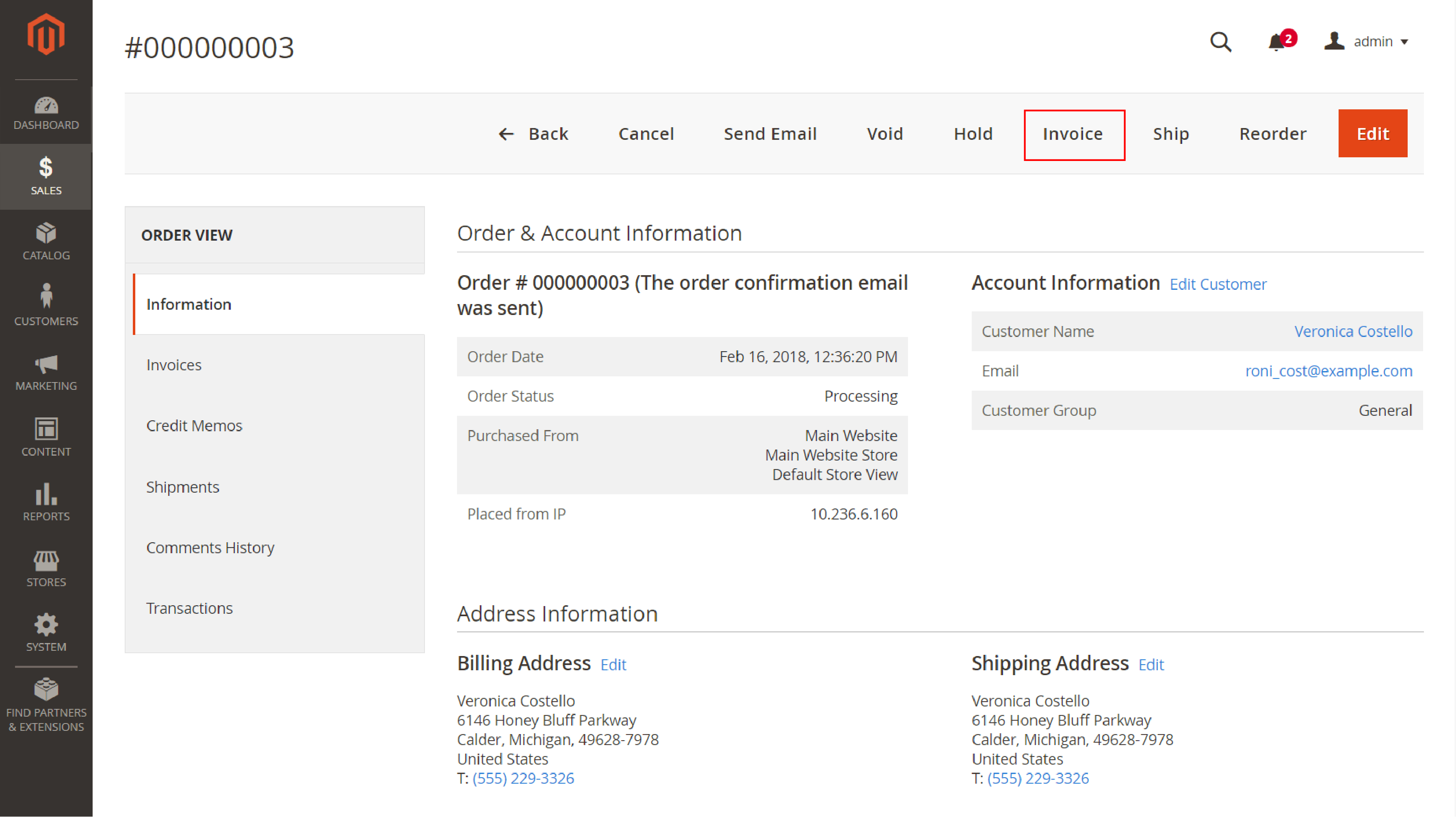 Screenshot of Creating Invoices in Magento 2