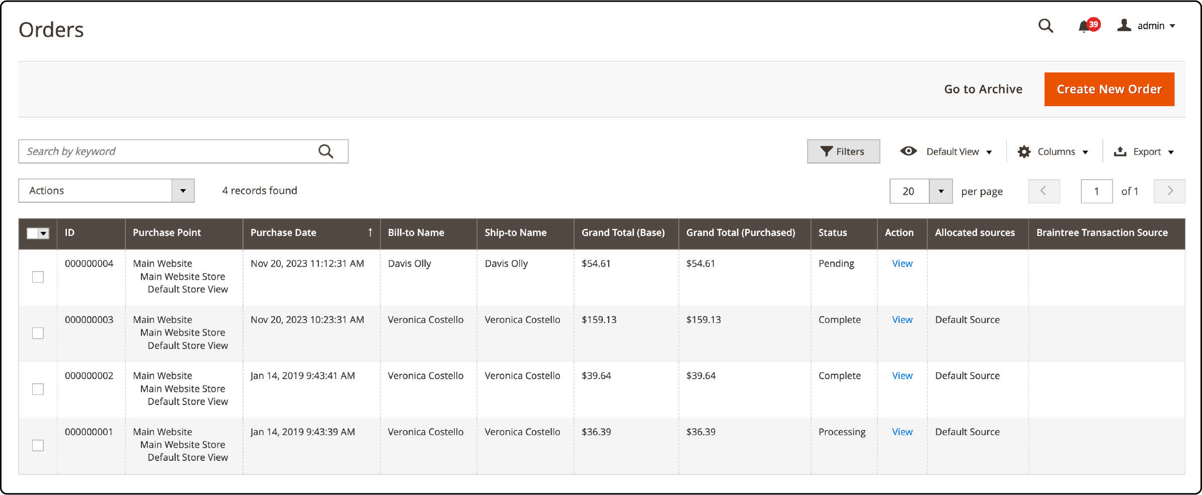 Selecting order for invoicing in Magento 2