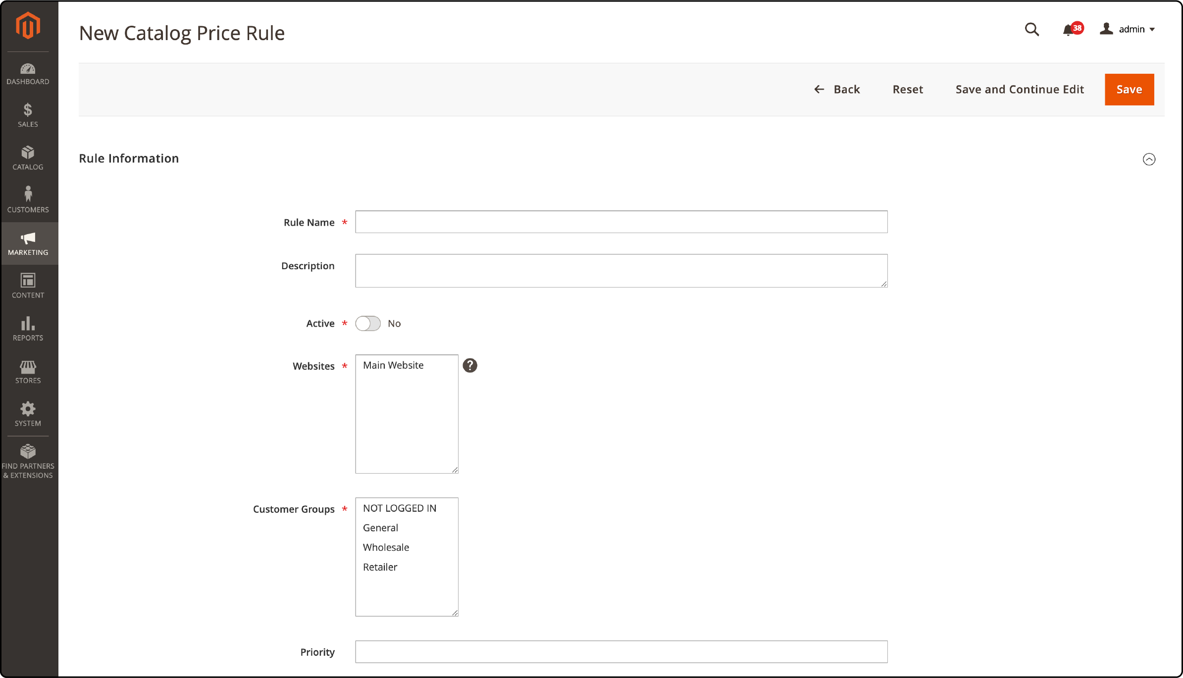 Detailed view of Magento 2 catalog price rule information entry section