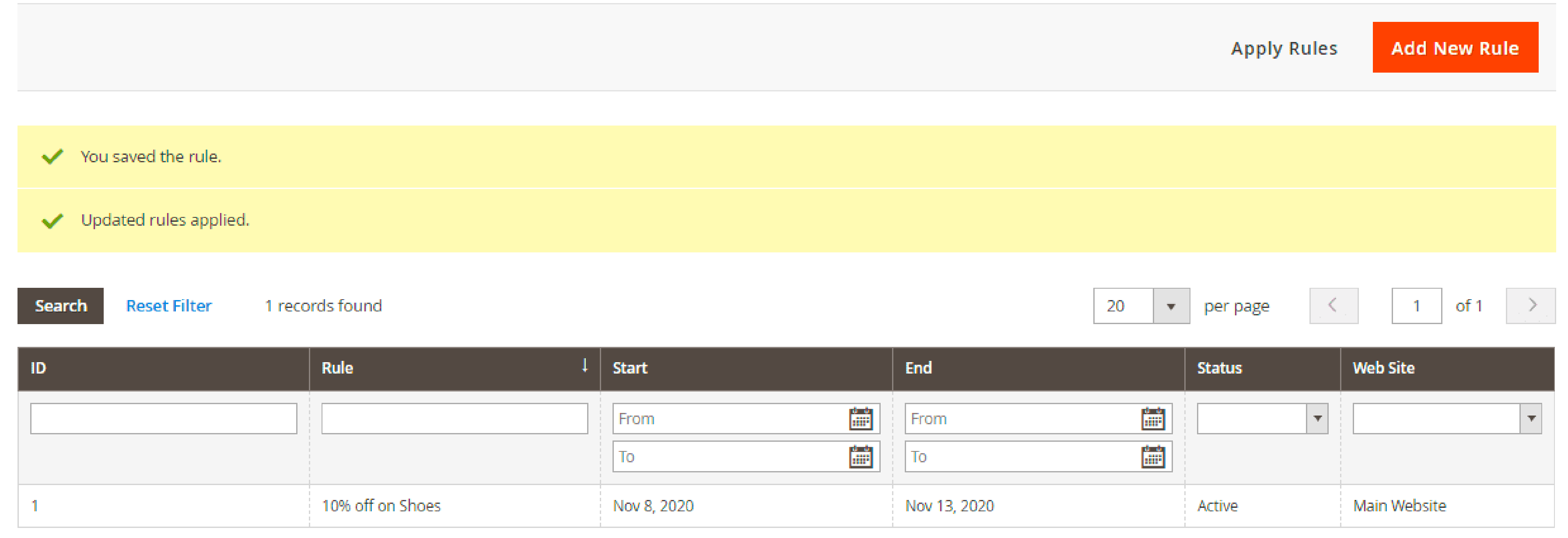 Saving and testing a catalog price rule in Magento 2