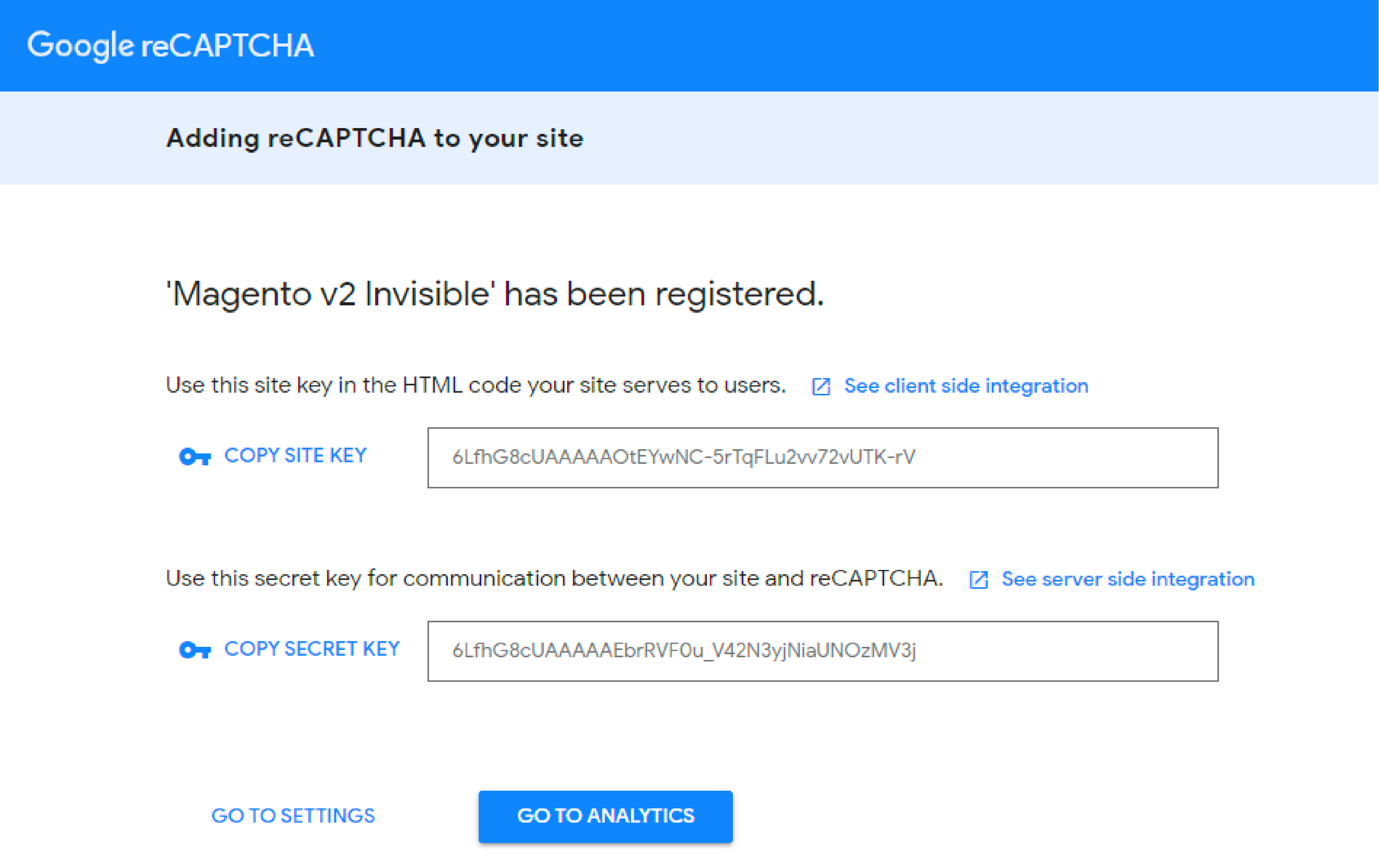 Registering a site on Google reCAPTCHA page for Magento 2 integration