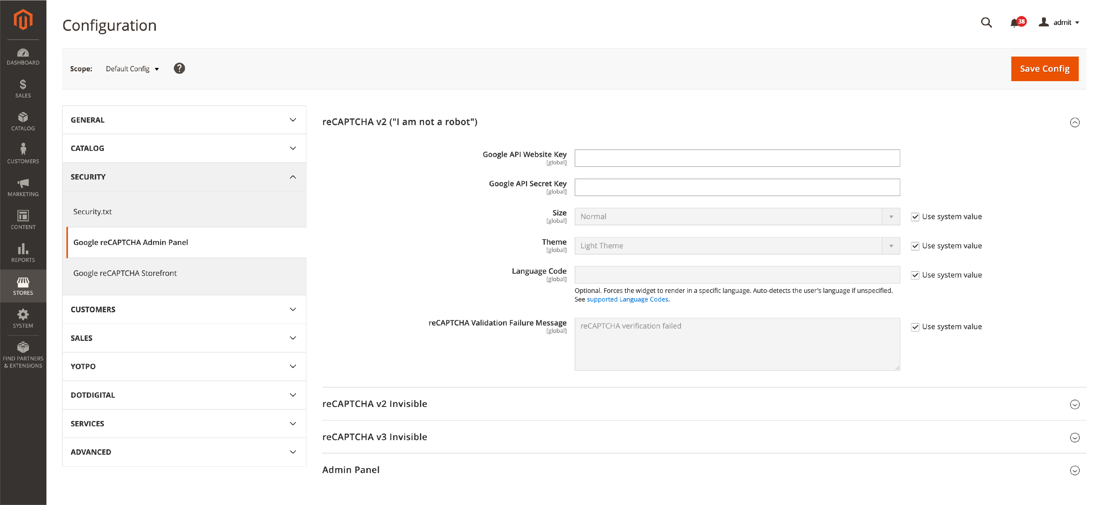 Configuring Google reCAPTCHA settings in Magento 2 admin panel