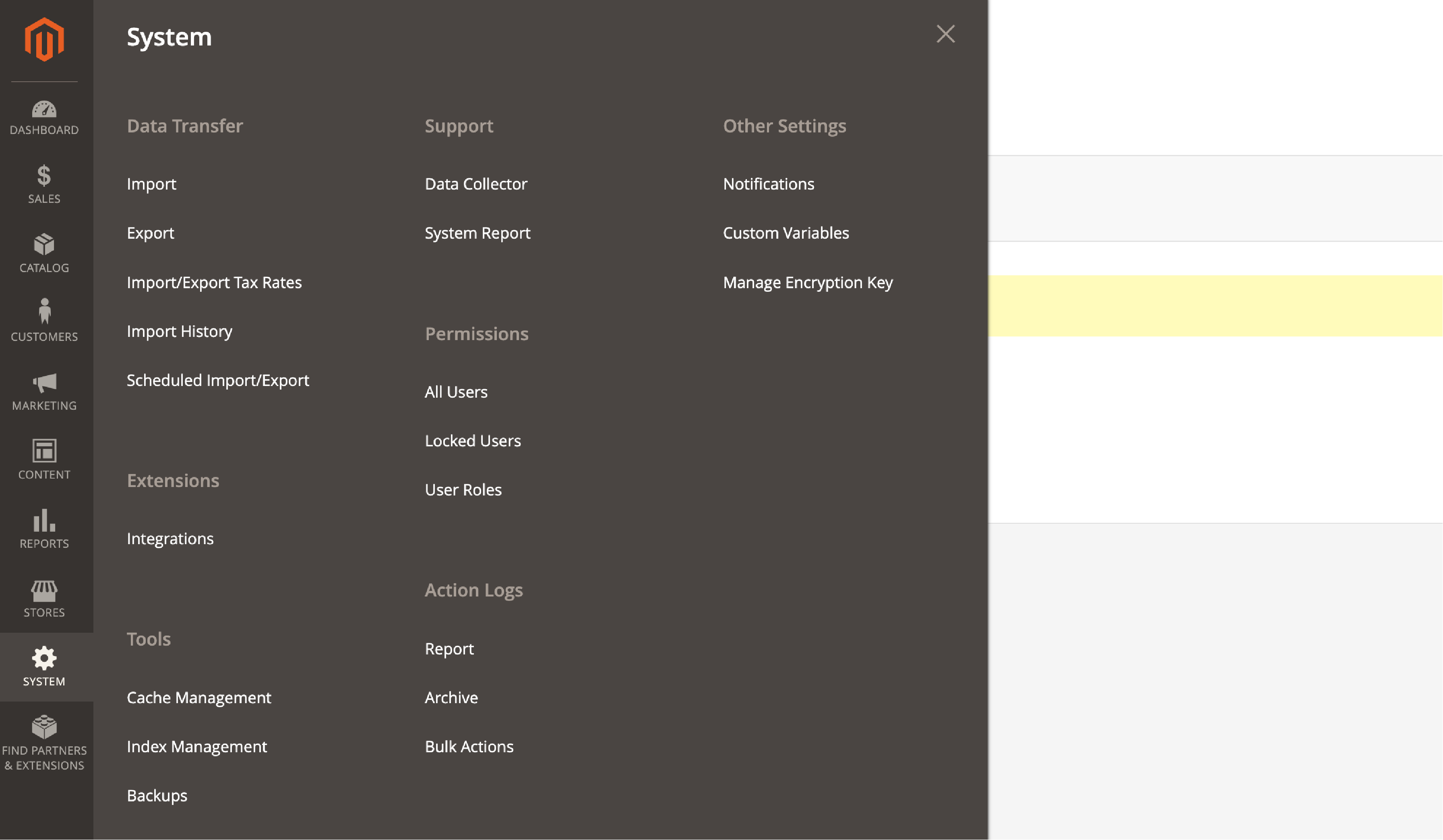 Magento System Tab illustrating settings for billing agreements and data management