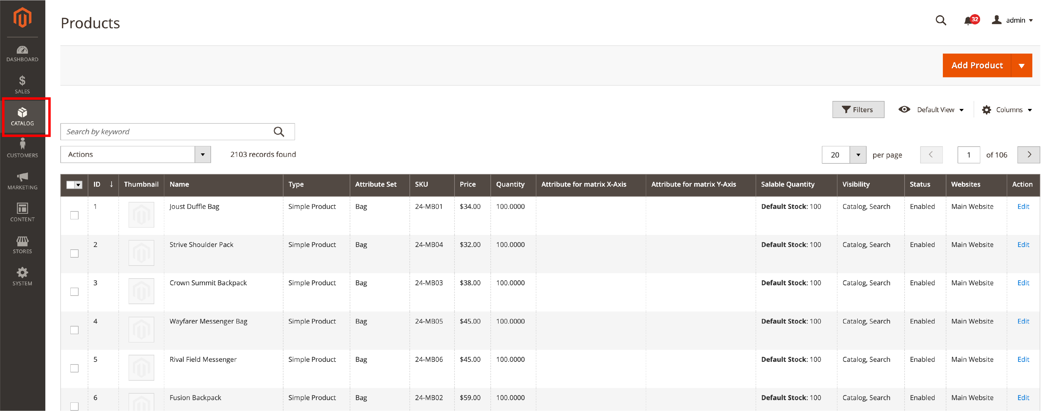 Magento Catalog Tab showcasing product management and customer groups