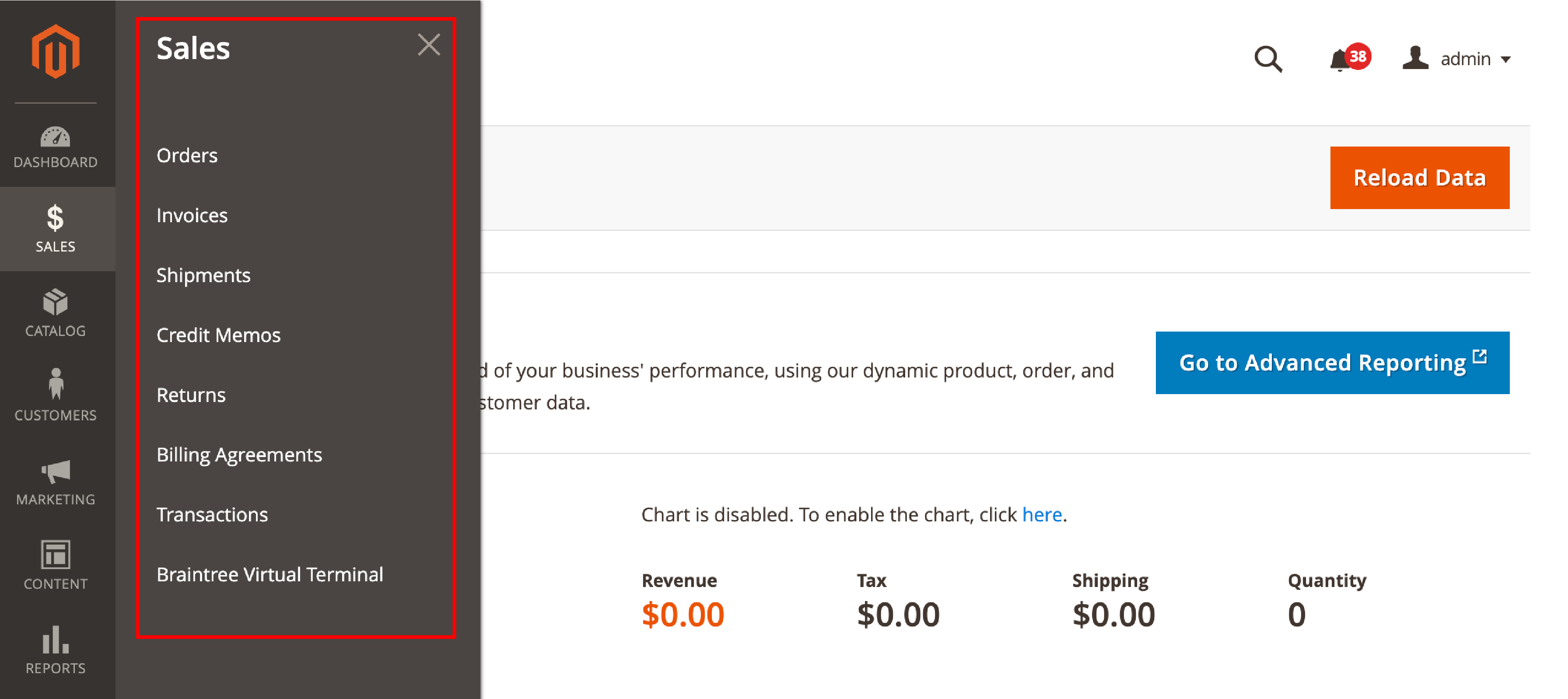 Magento Sales Tab with options for managing invoices, shipments, and printing shipping labels