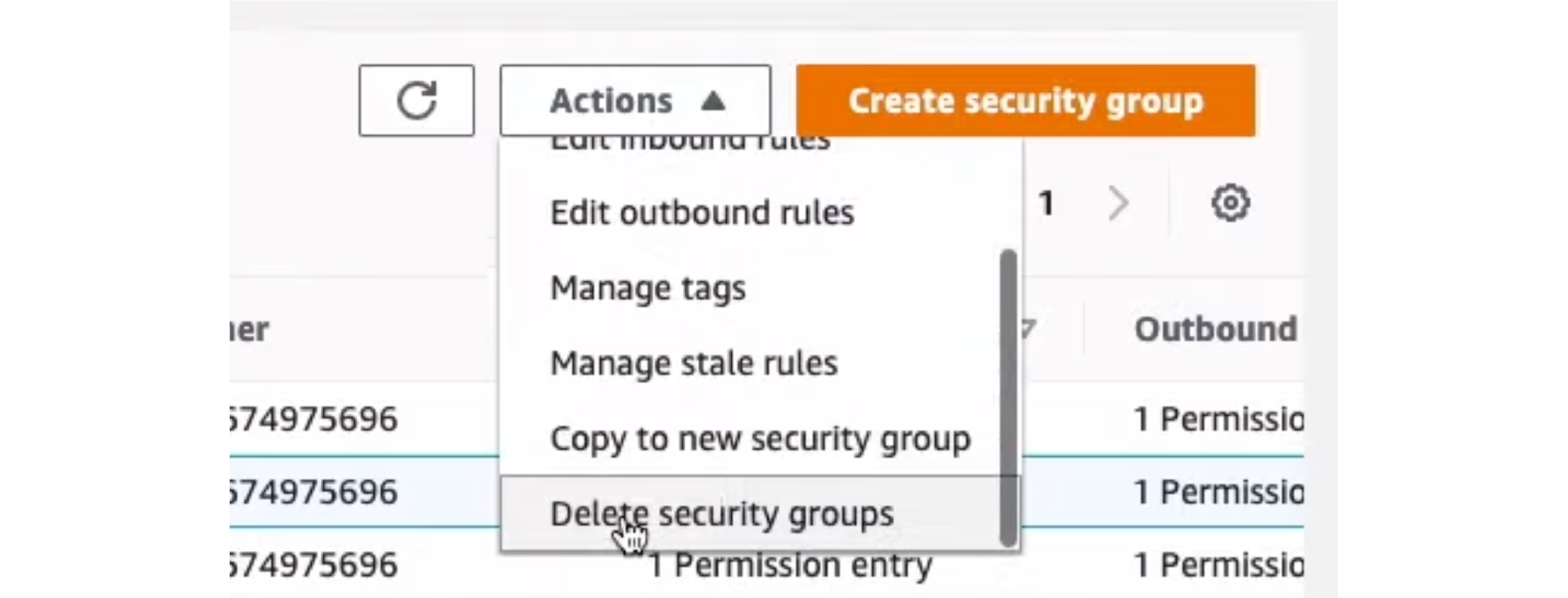 Screenshot of the process to delete a security group rule in AWS EC2 console
