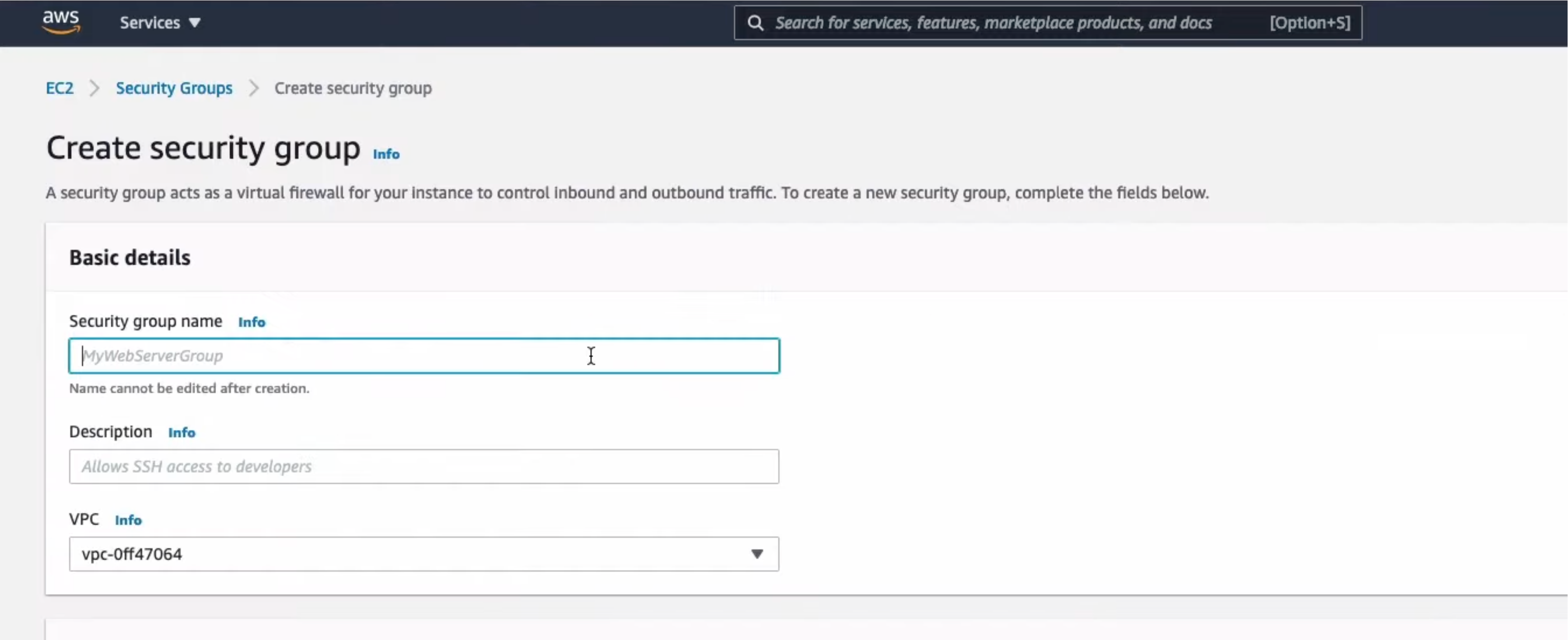 Screenshot displaying the creation of a custom instance security group for AWS