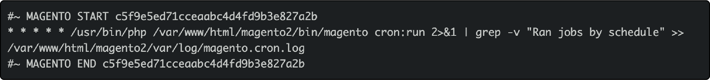 Command prompt displaying Magento 2 cron installation process with &quot;$ crontab -l&quot; command.