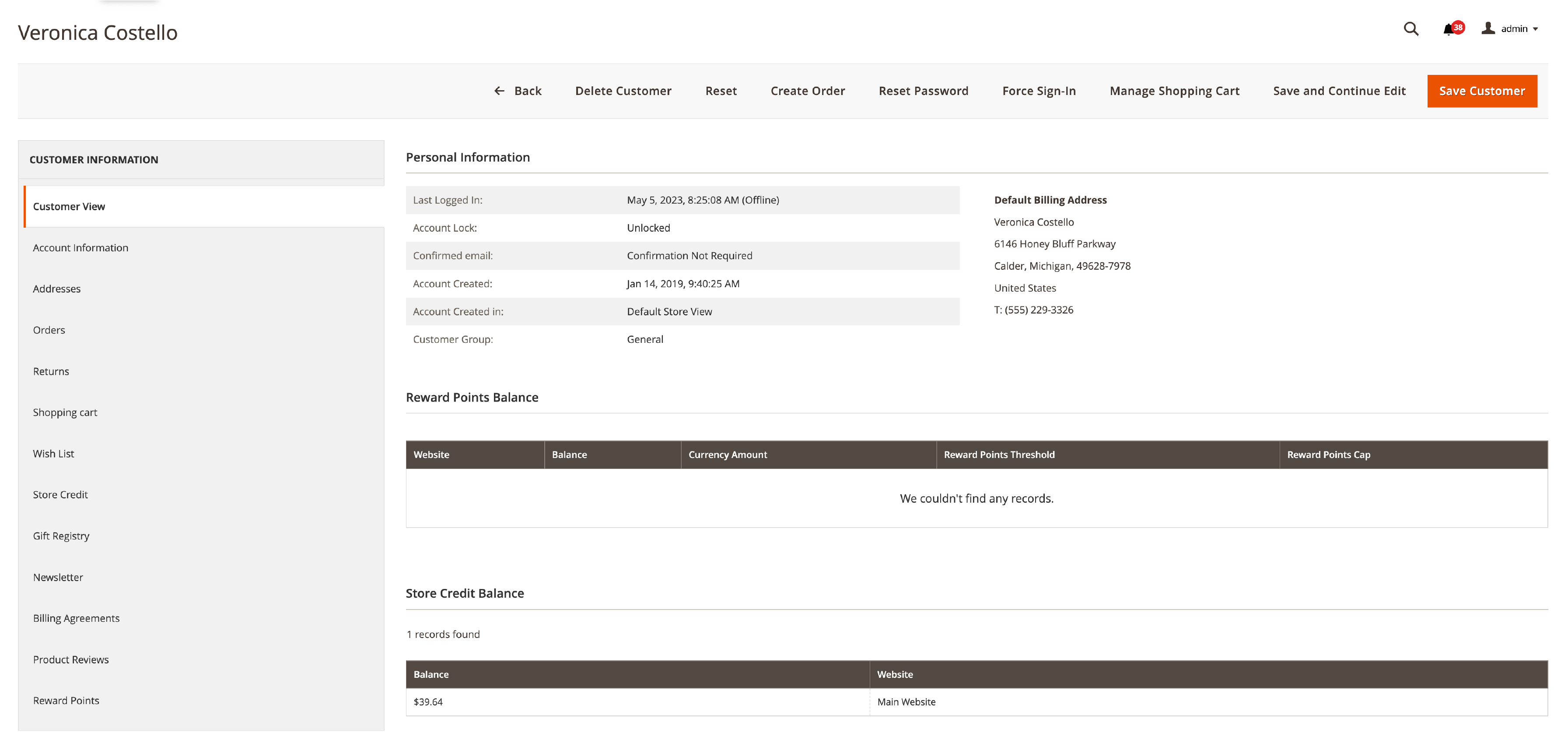 Screenshot of updating customer account information in Magento 2 admin panel