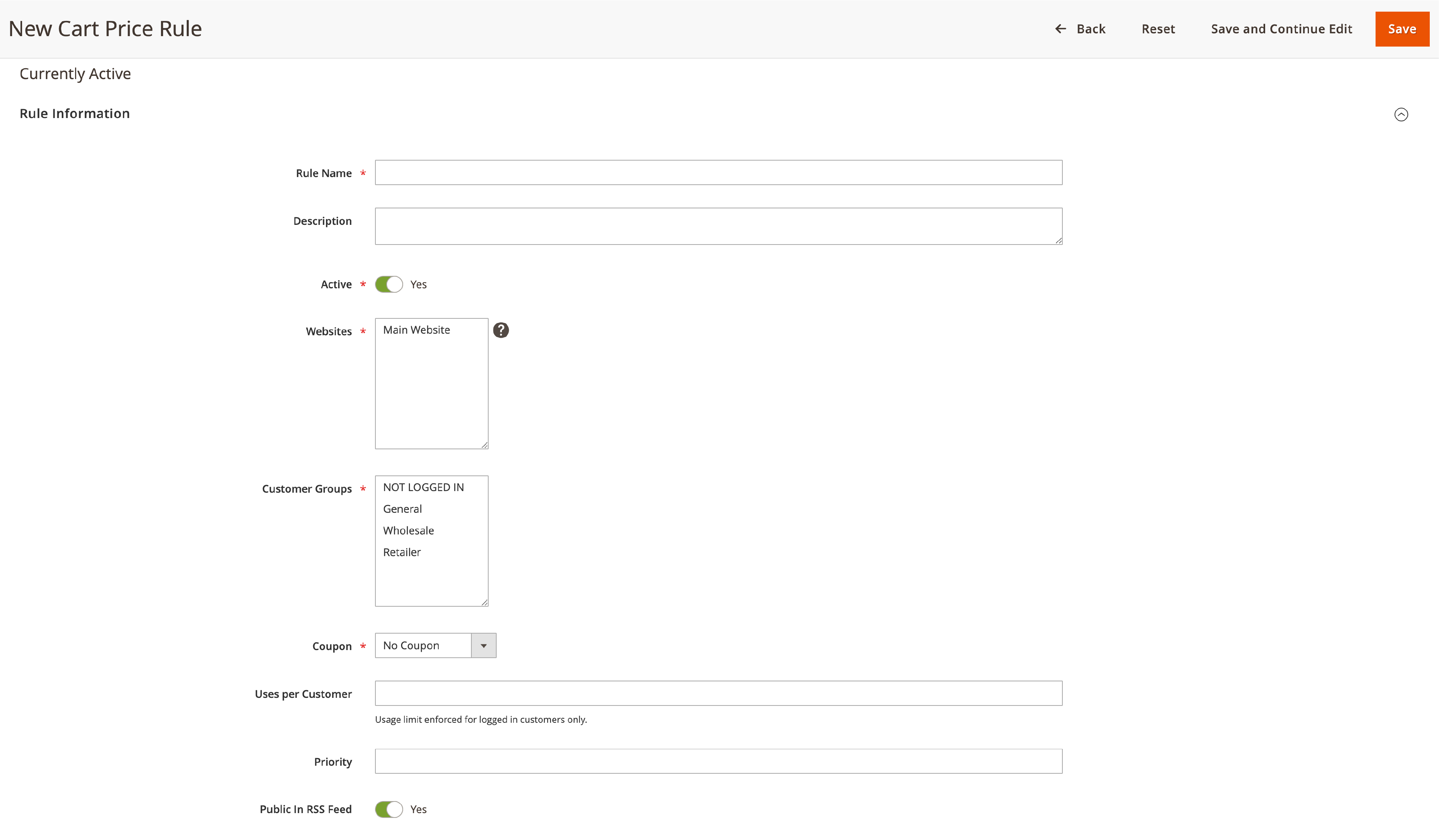 Screenshot of creating cart price rules - rule information in Magento 2 admin panel