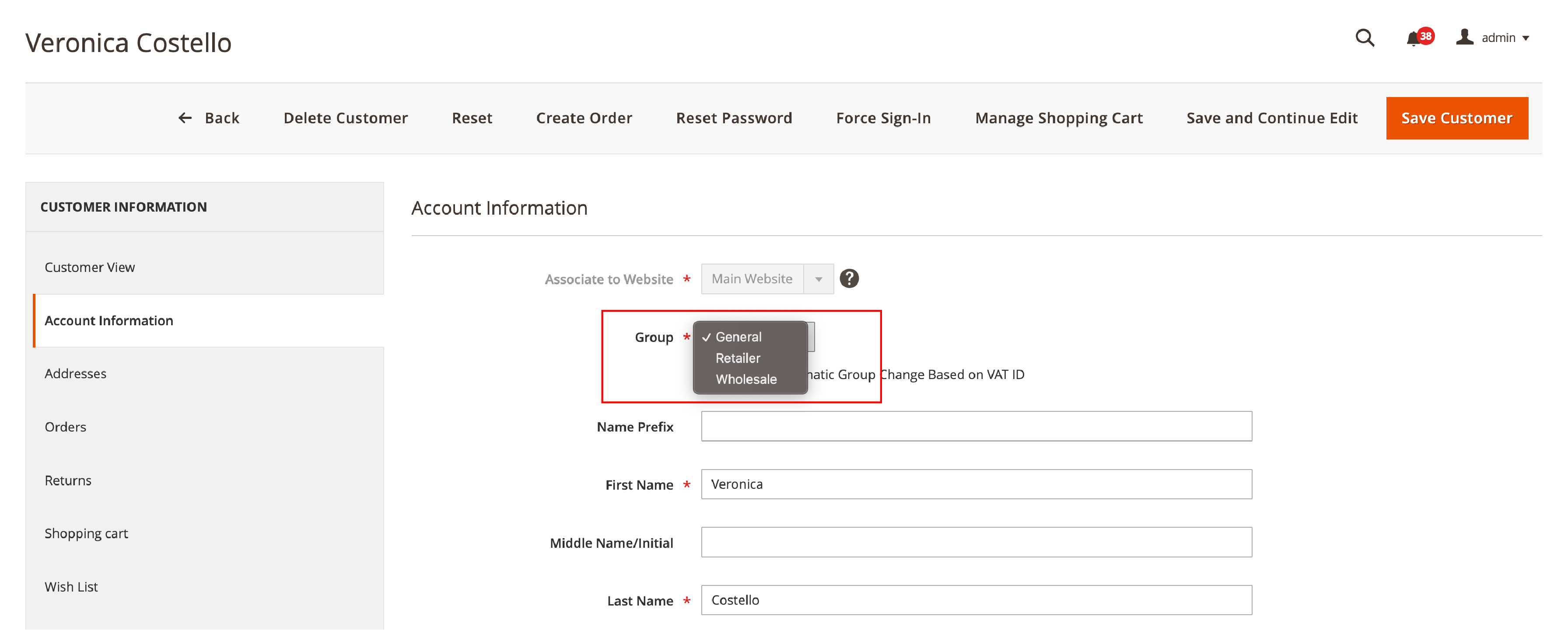 Screenshot of assigning a customer group in Magento 2 admin panel