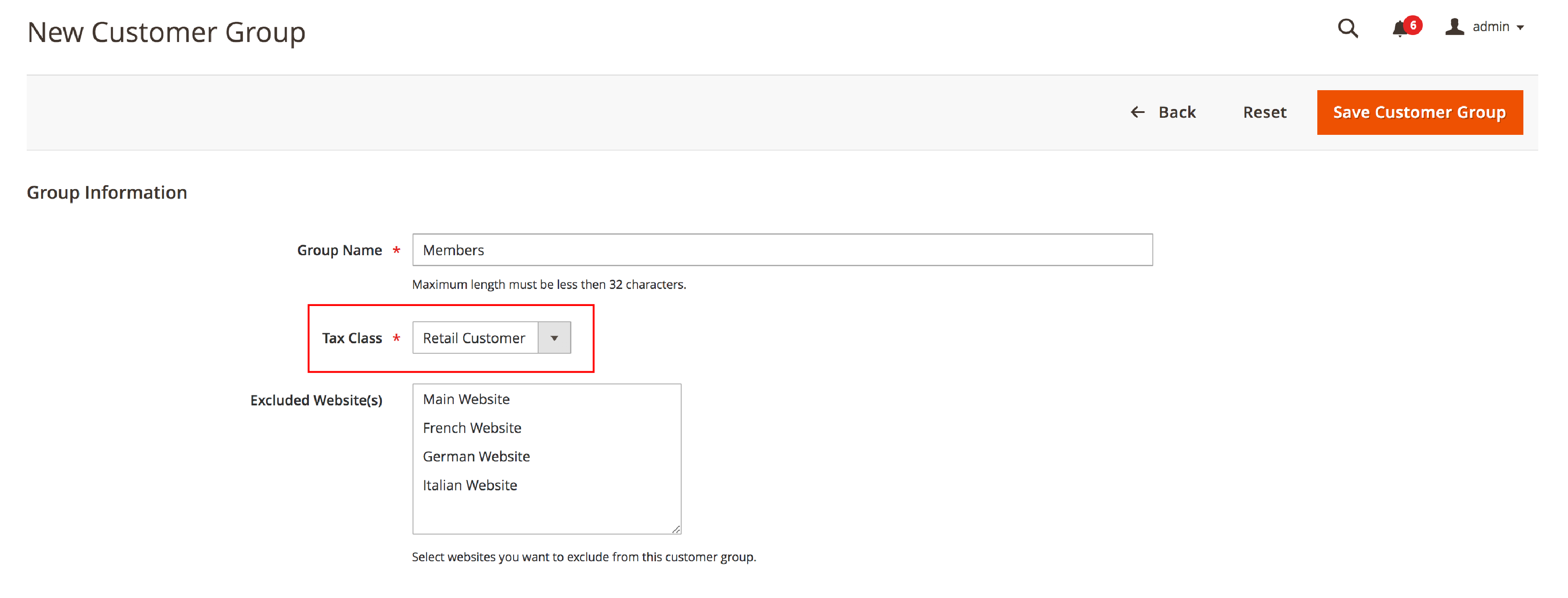 Screenshot of adding the right tax classes to customer groups