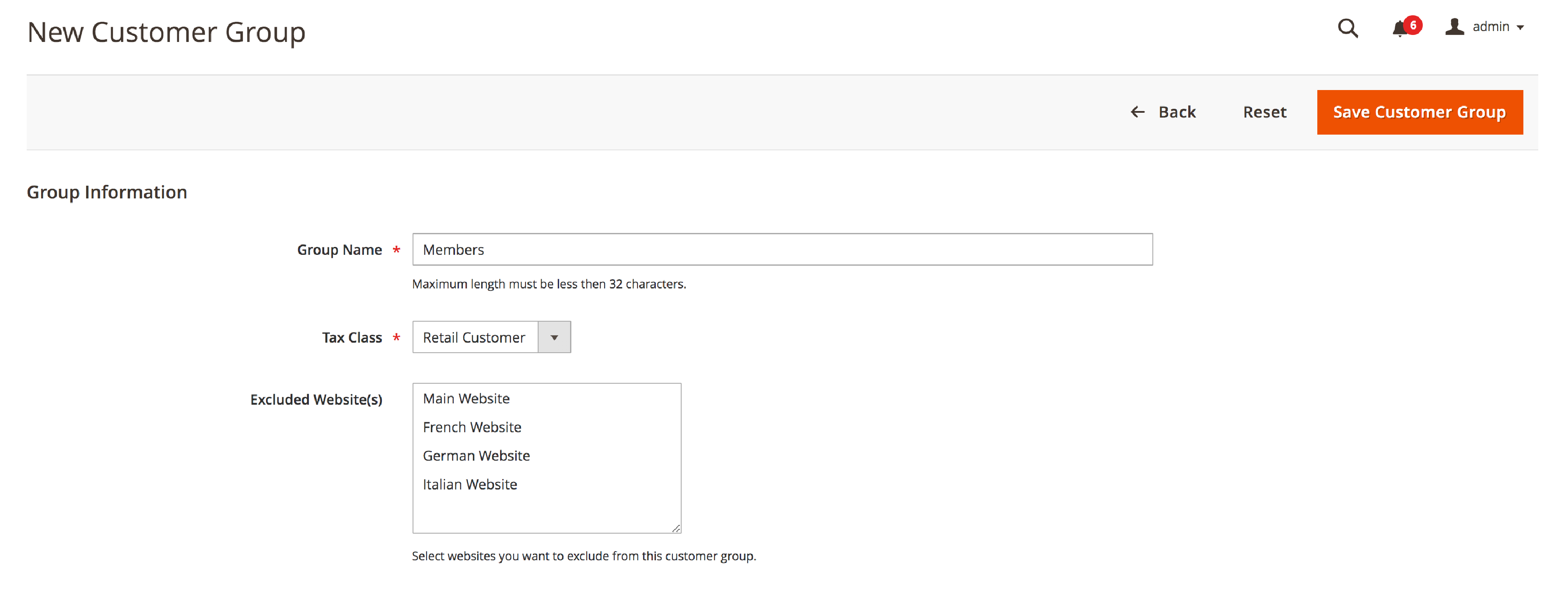 Screenshot of creating a customer group in Magento 2 admin panel