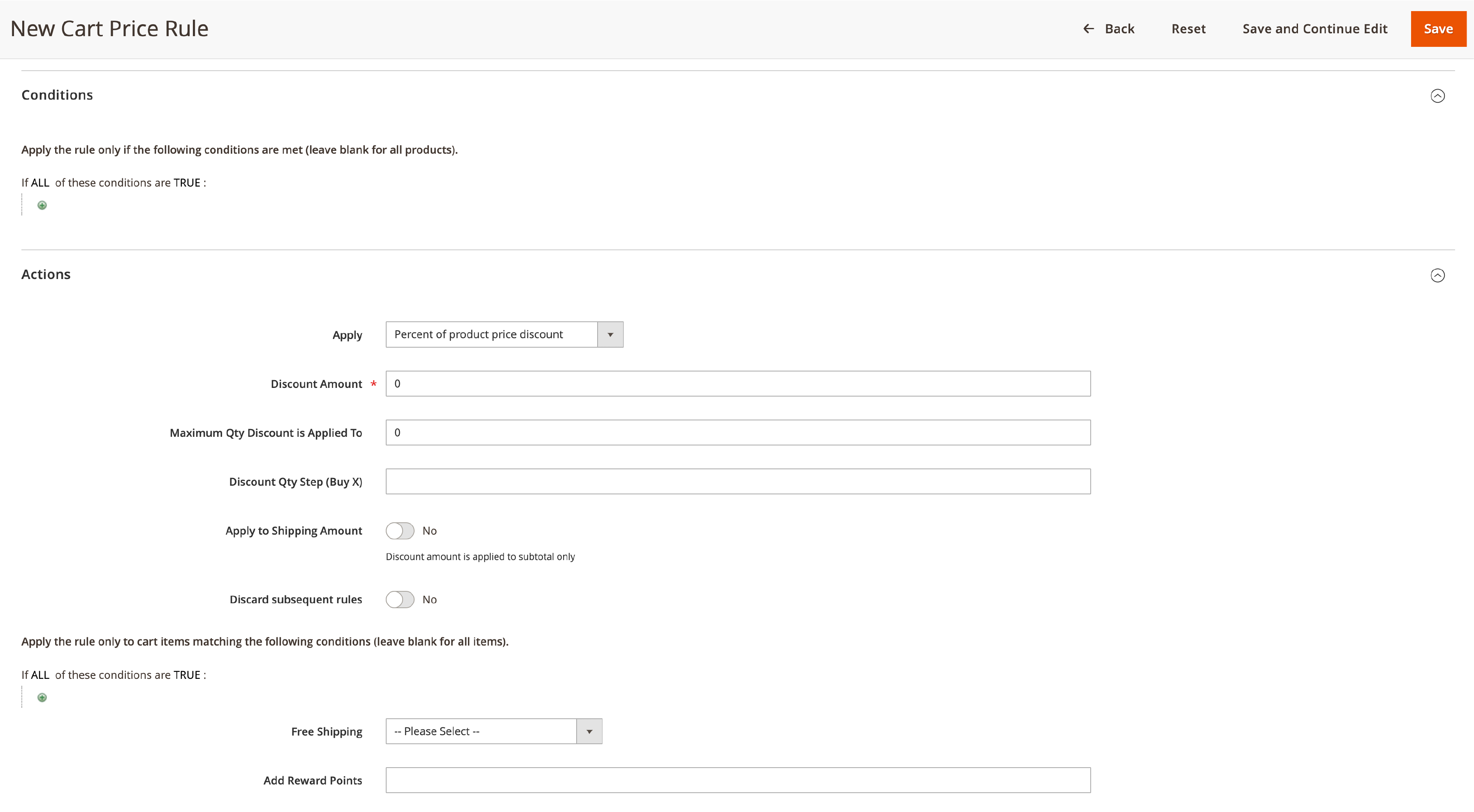 Screenshot of creating cart price rules - conditions and actions