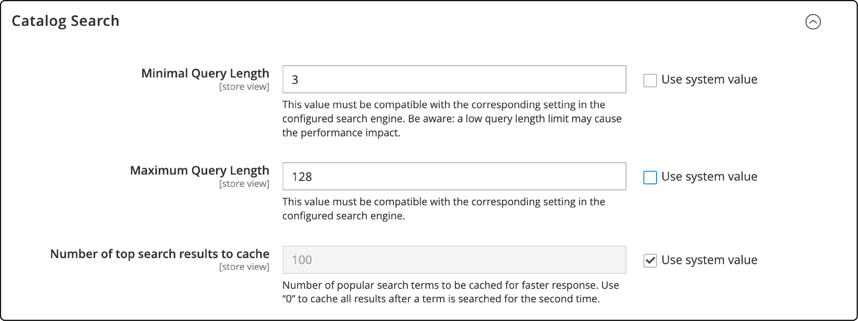 Screenshot of Search Result settings in Magento 2