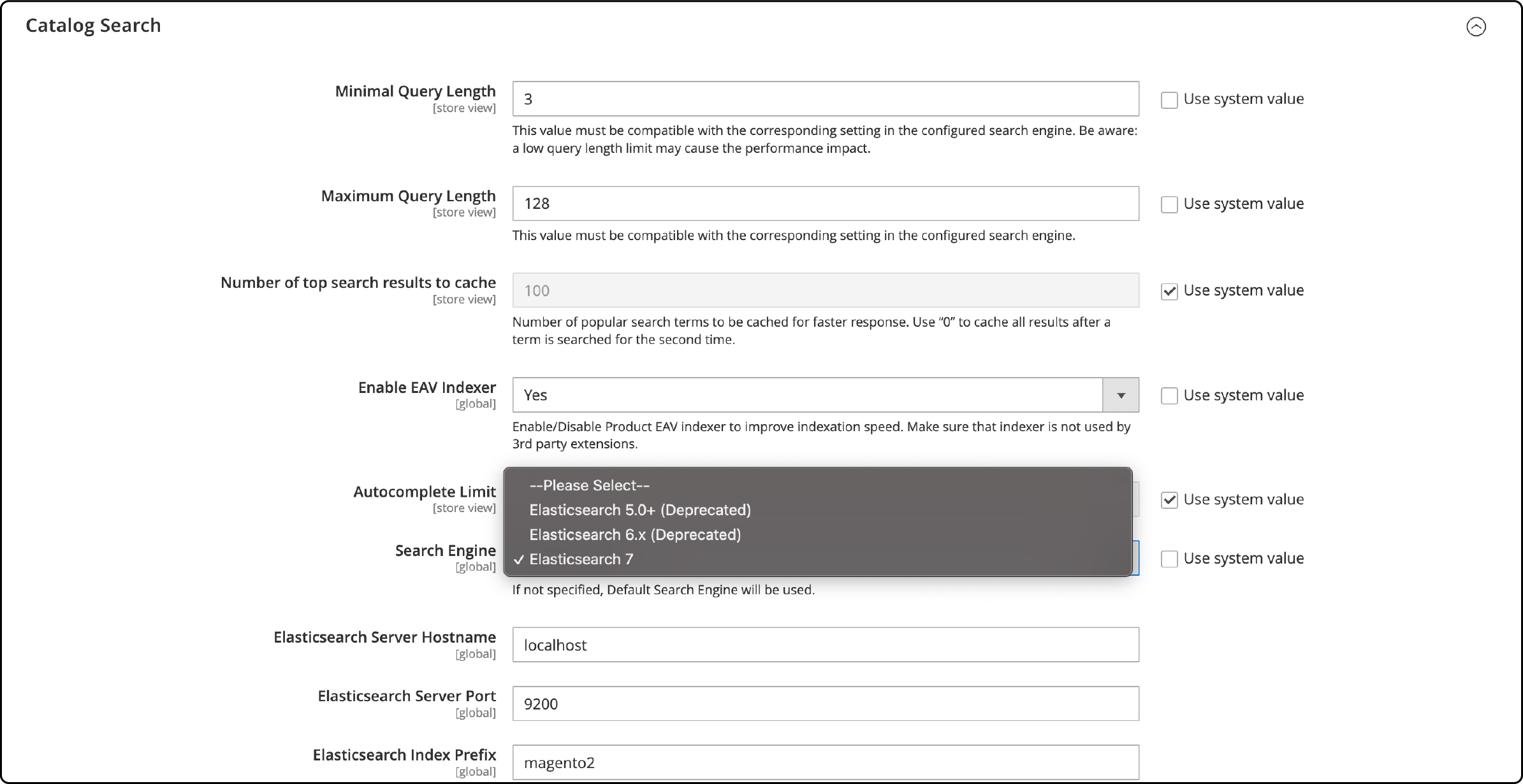 Admin panel displaying Magento 2 Elasticsearch search configuration settings