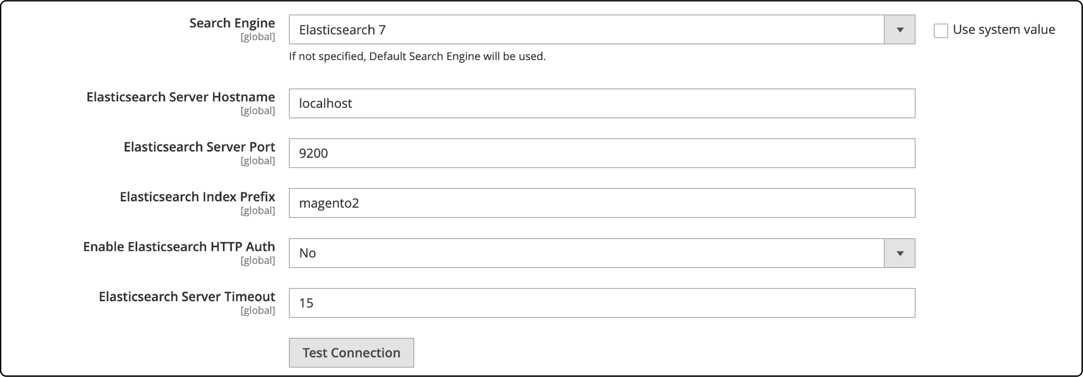 Configuration process of Elasticsearch within Magento 2 admin panel