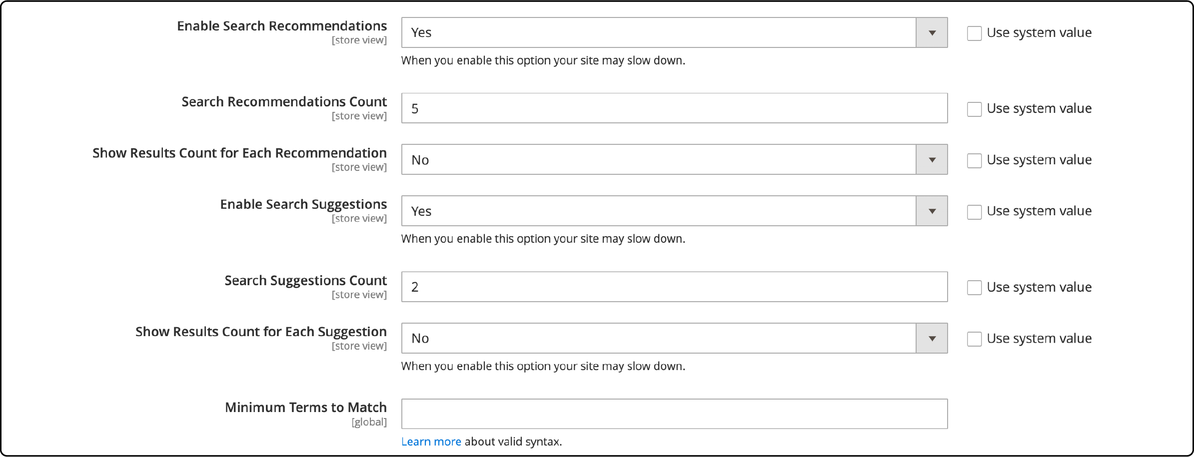 Configuration options for suggestions and recommendations in Magento 2 Elasticsearch