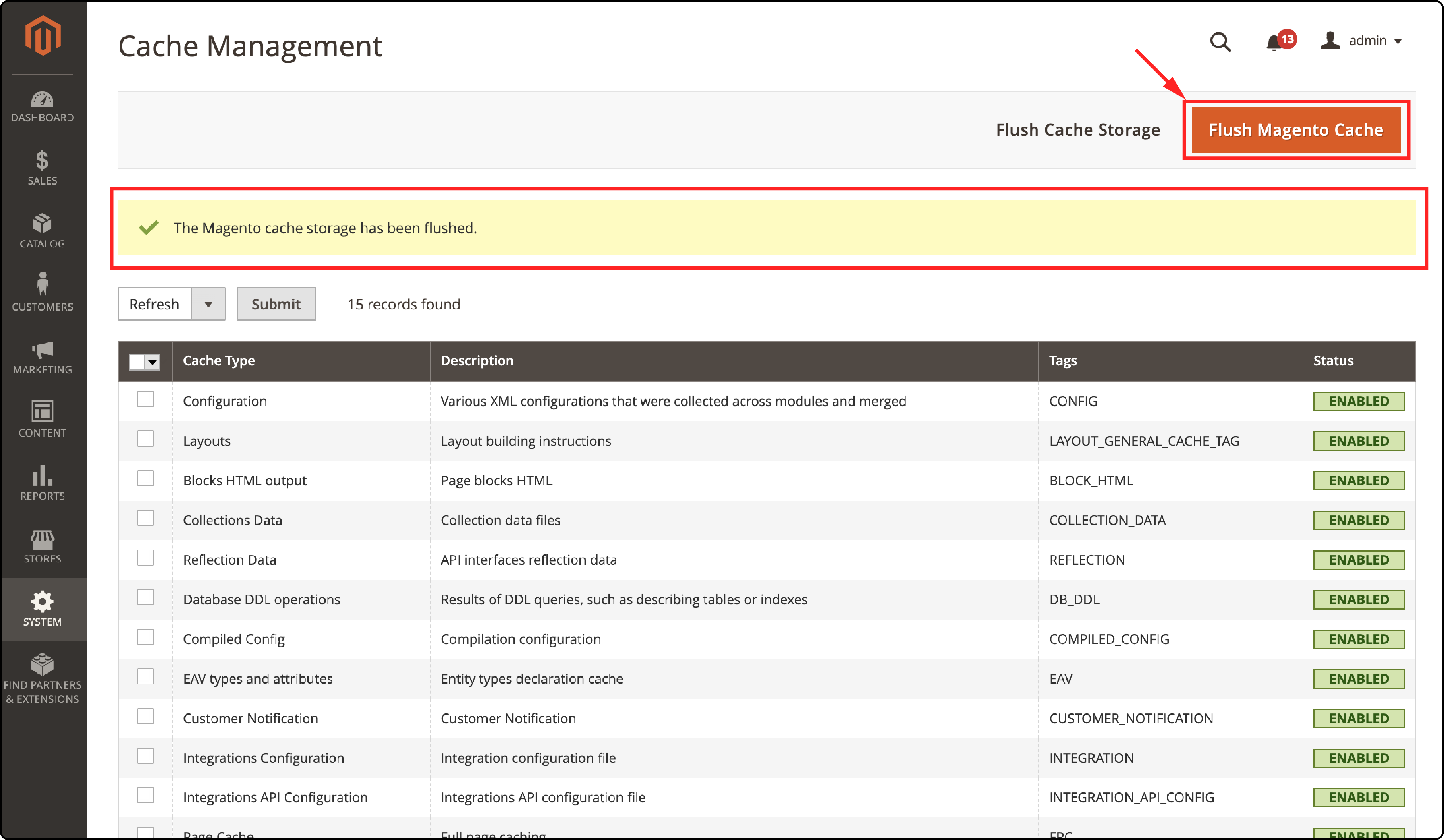 Magento 2 admin panel demonstrating how to flush cache