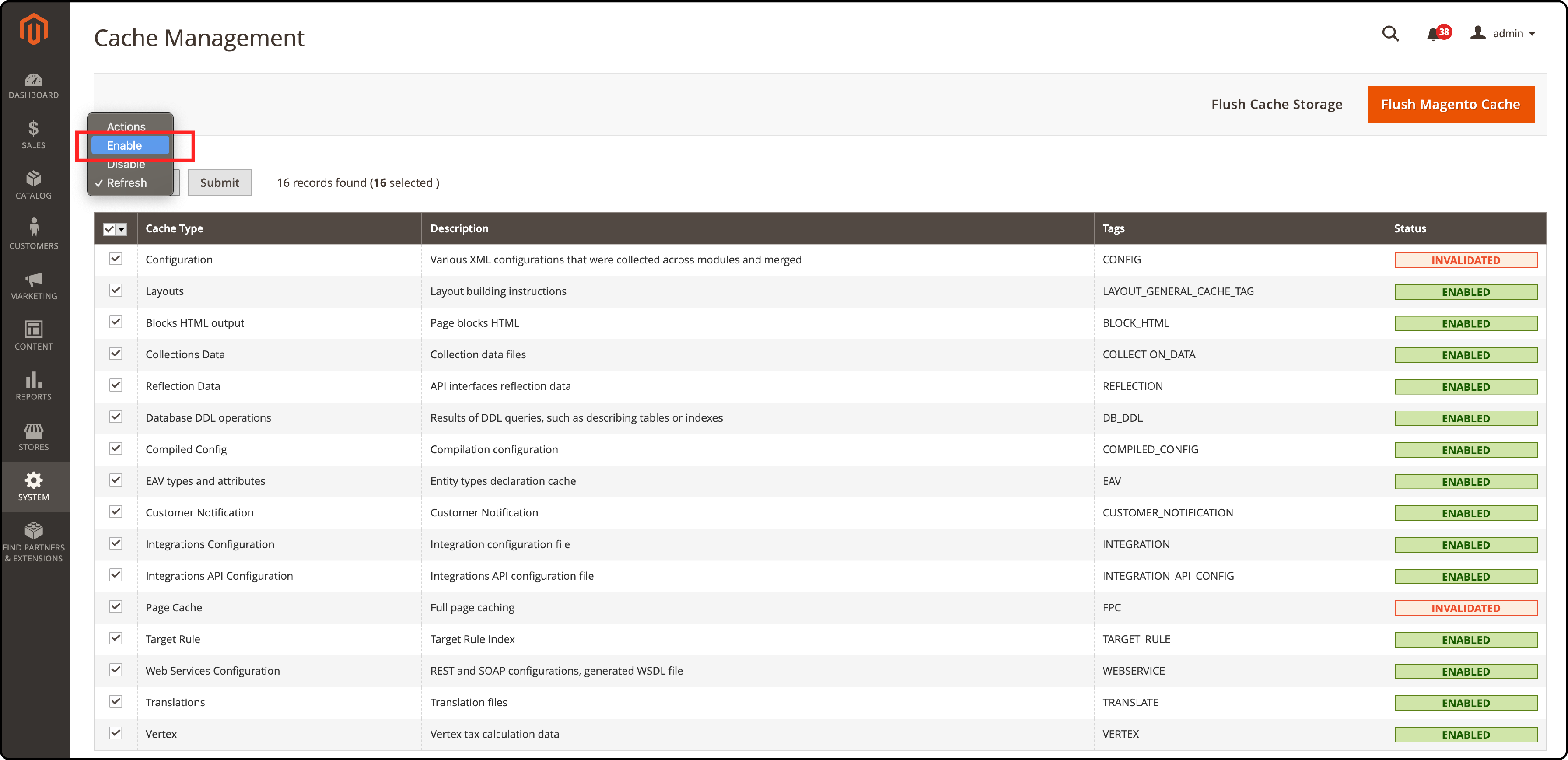 Magento 2 admin panel showing how to enable cache