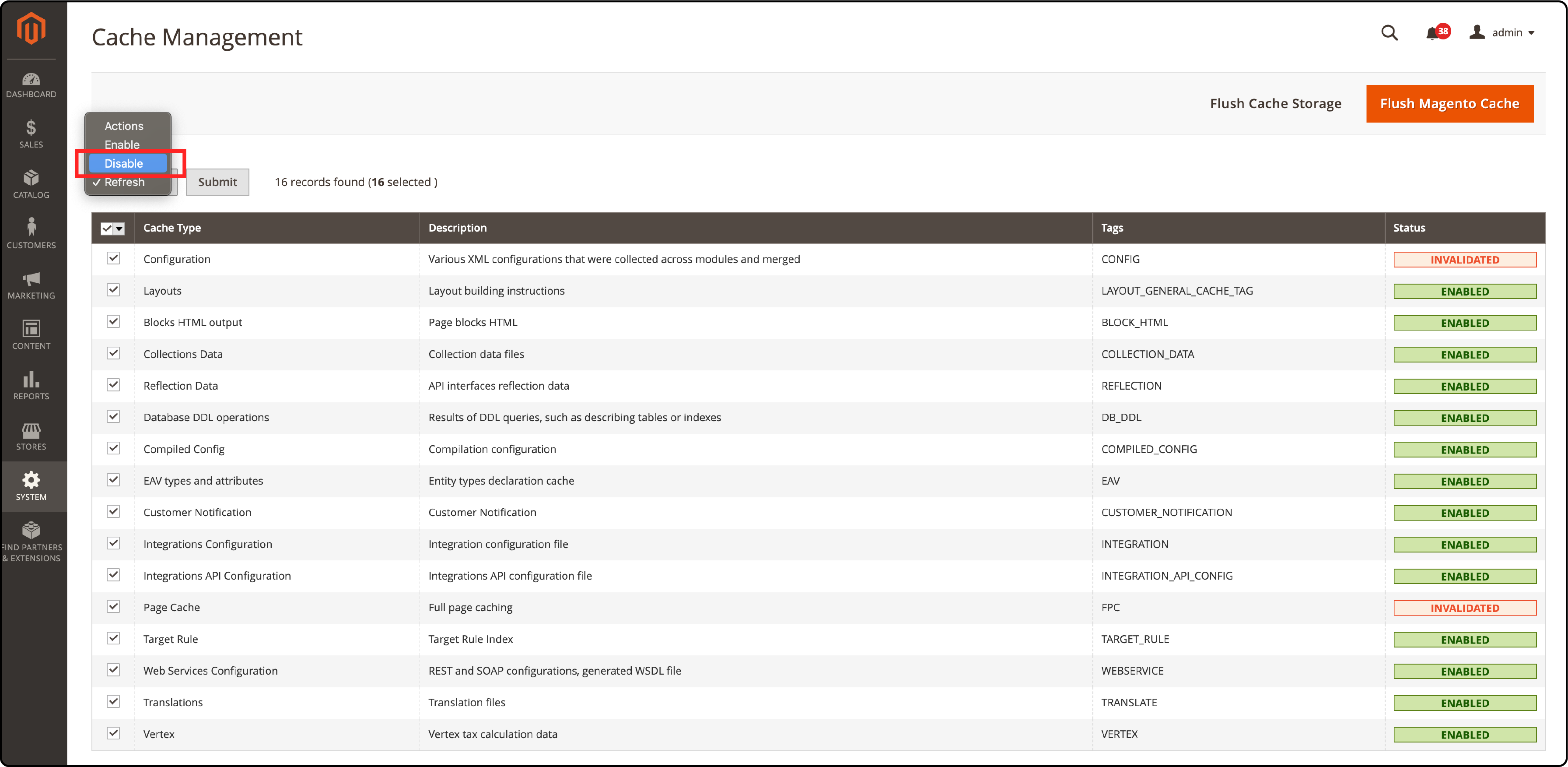 Magento 2 admin panel illustrating how to disable cache