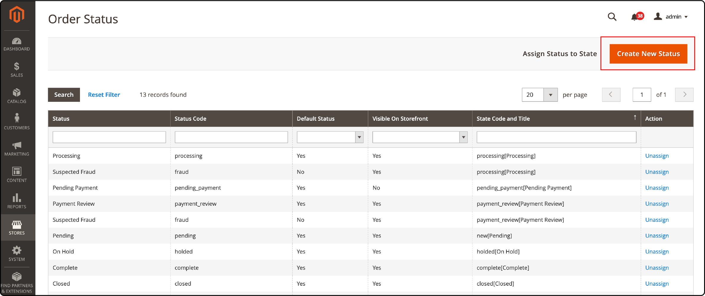 Admin panel highlighting navigation to Magento 2 order status settings for configuration