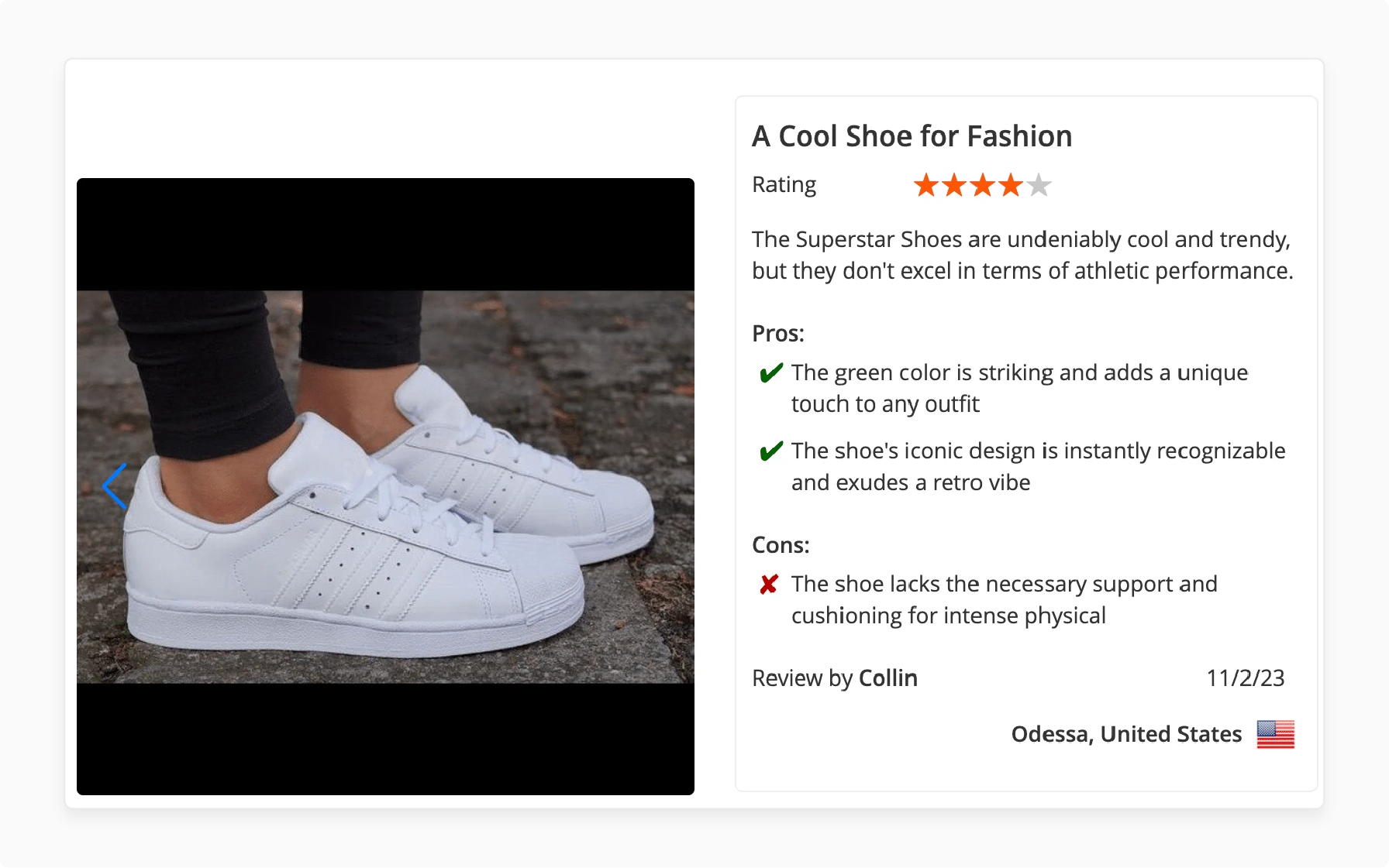 customer review with product image and pros and cons list for ecommerce product evaluation