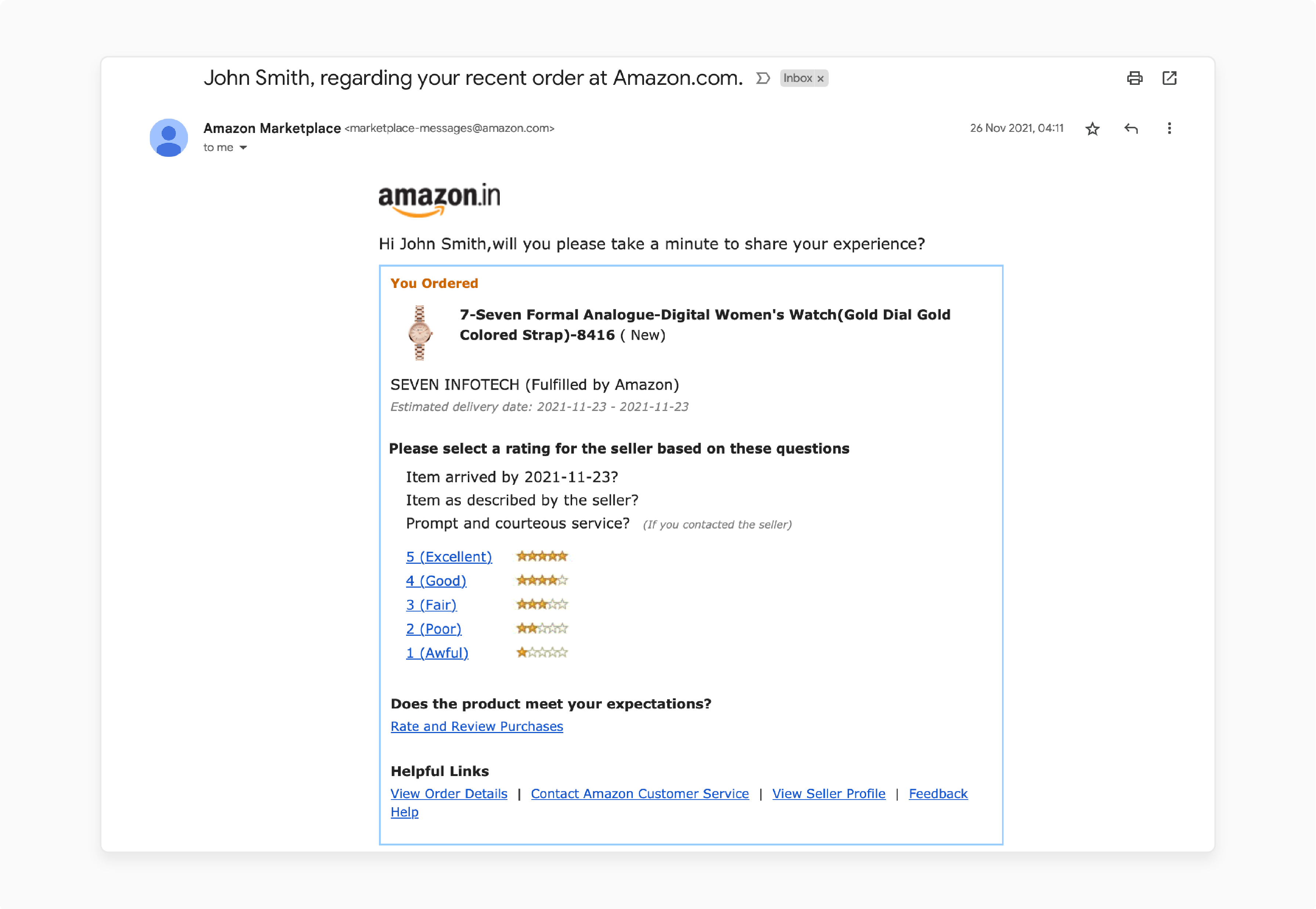 follow-up email asking customers to rate a recent purchase with clickable star options