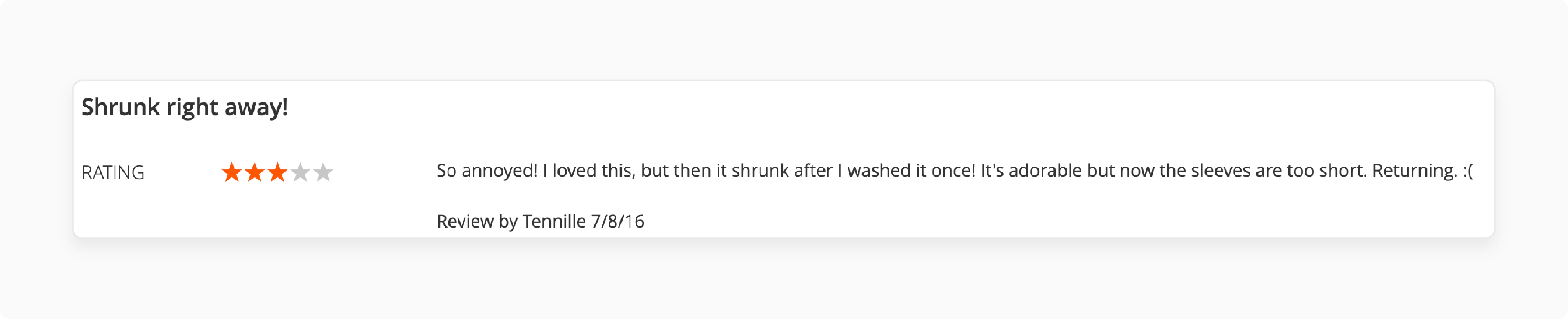 three-star review highlighting product dissatisfaction and customer concerns