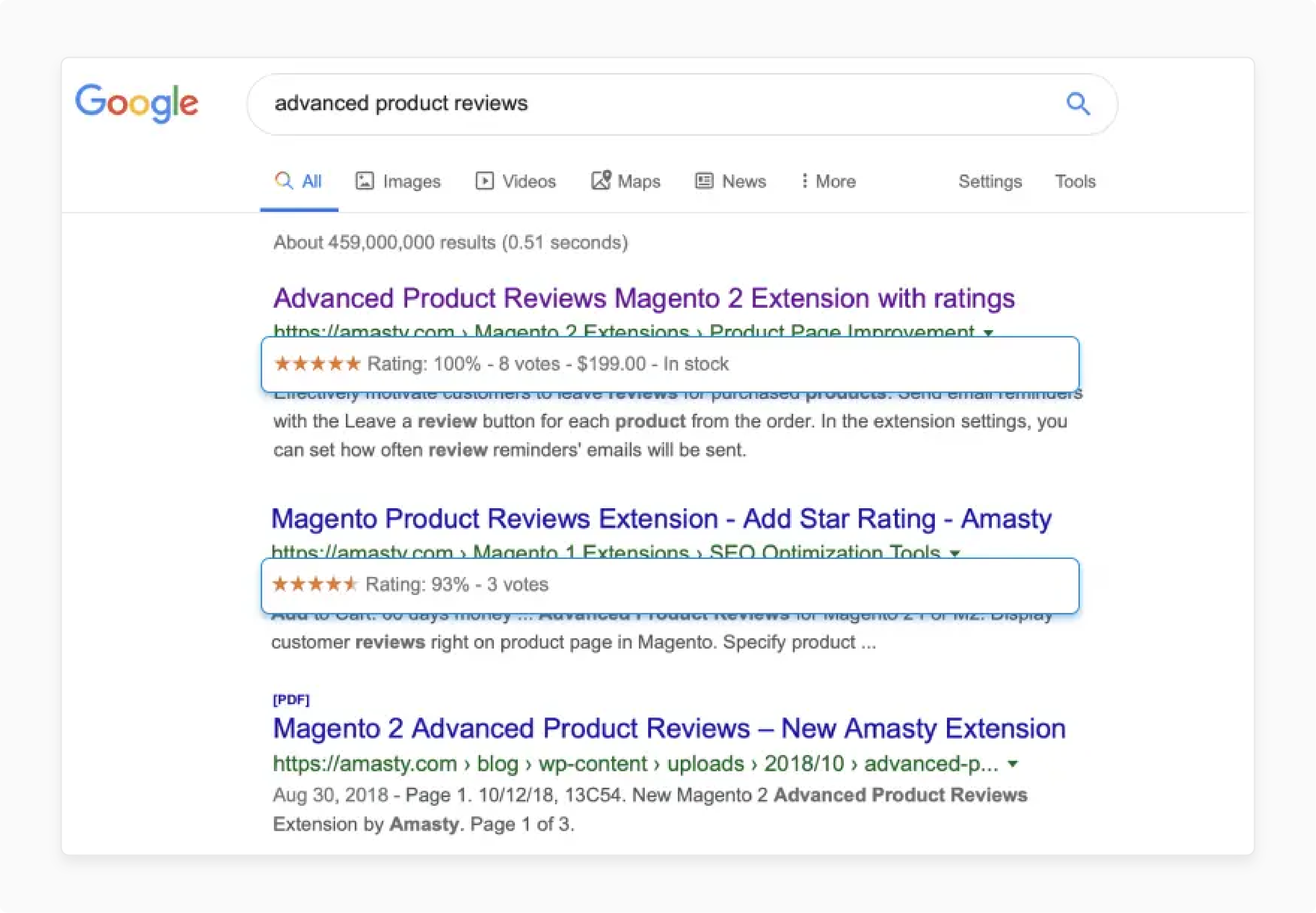 product pages in google search showing ratings, votes, and review snippets for seo