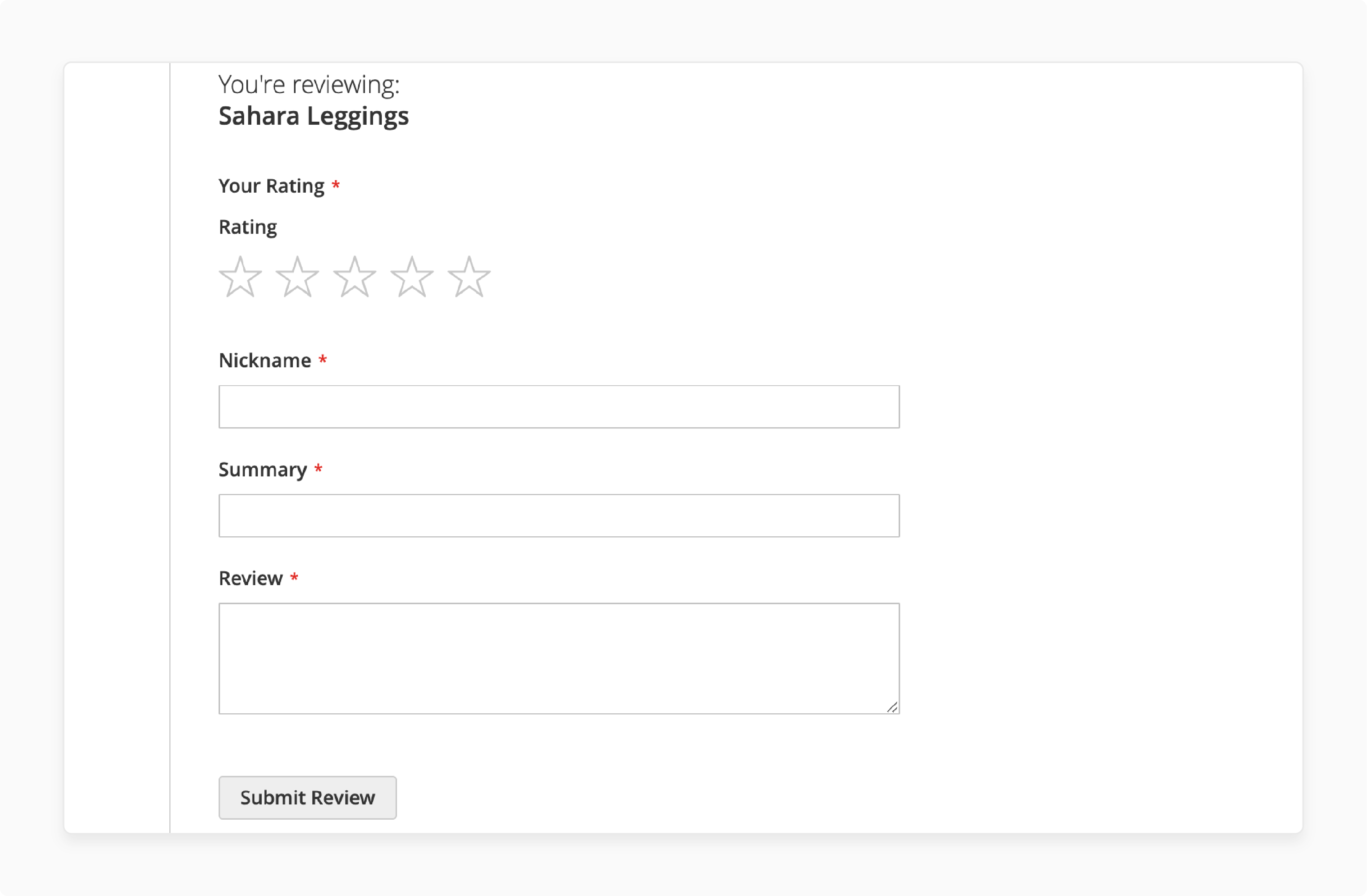 product review form allowing users to leave a star rating, nickname, and written review