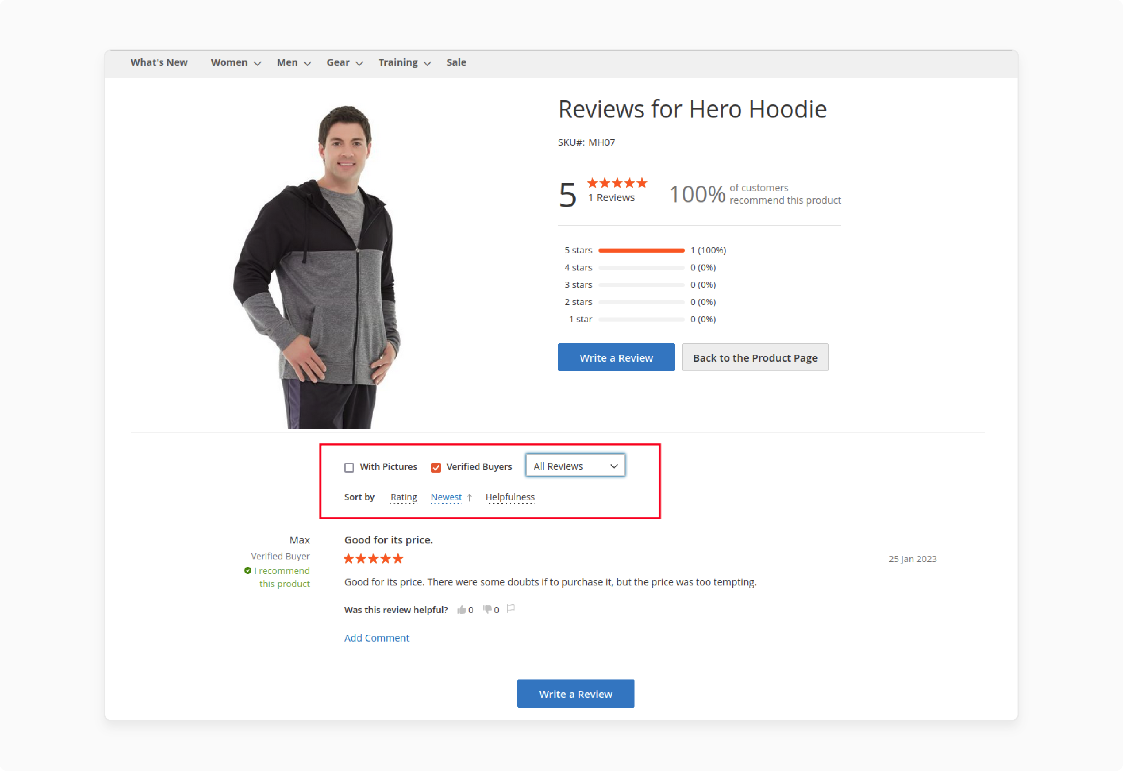review interface with filter options for verified buyers, star rating, and helpfulness