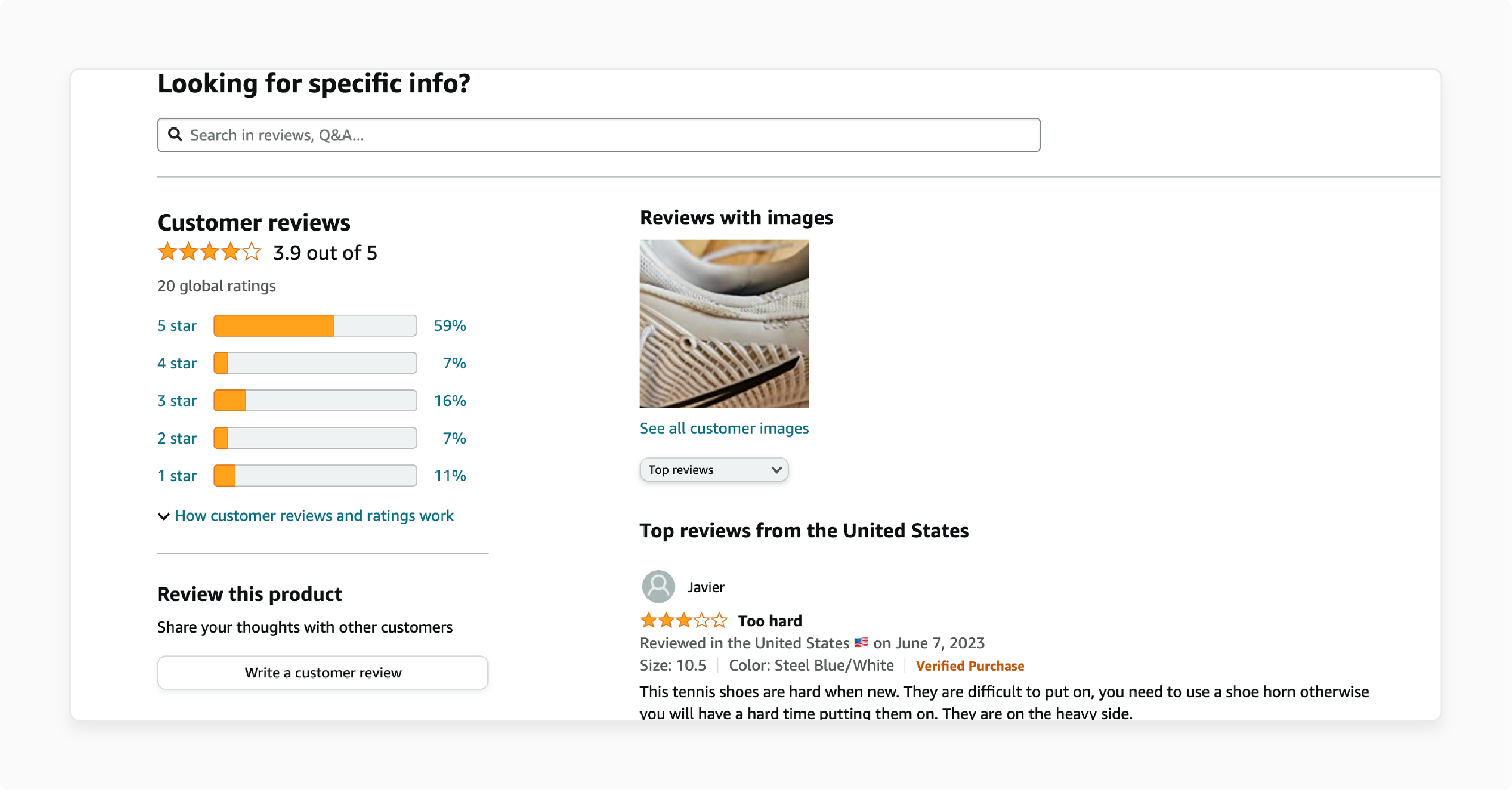 amazon product review breakdown with star ratings and review with image