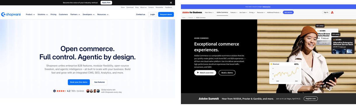 Shopware and Adobe Commerce official homepages side by side
