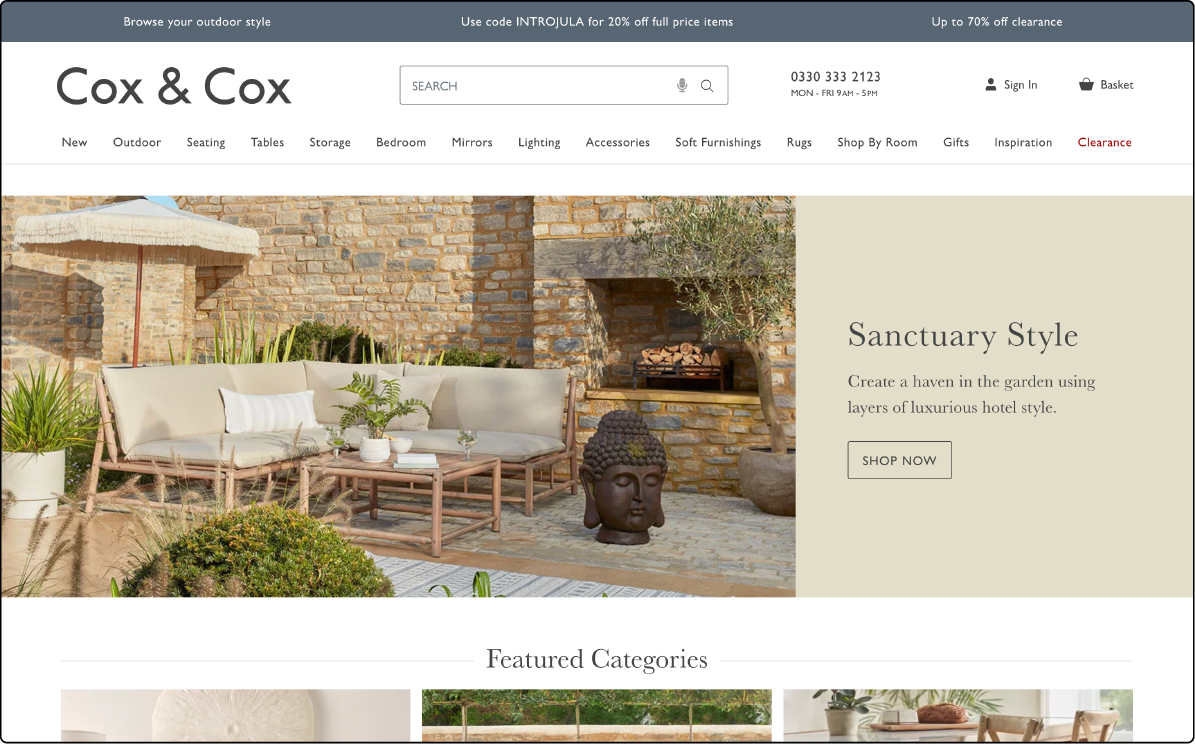 Cox &amp; Cox's Magento eCommerce site showcasing home and garden items