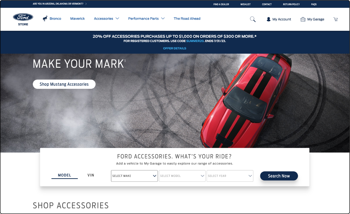 Ford's Magento eCommerce site showcasing car models and merchandise.