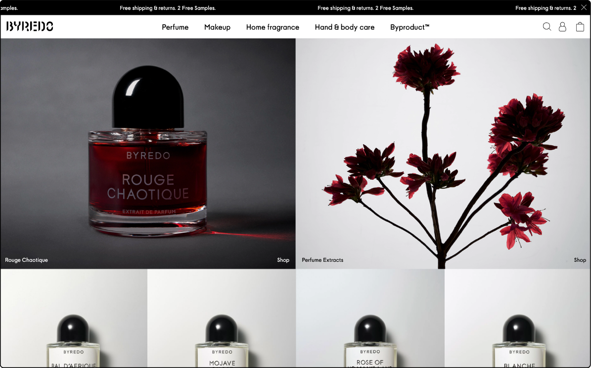 Byredo's Magento eCommerce platform featuring perfume, accessories, and beauty products.