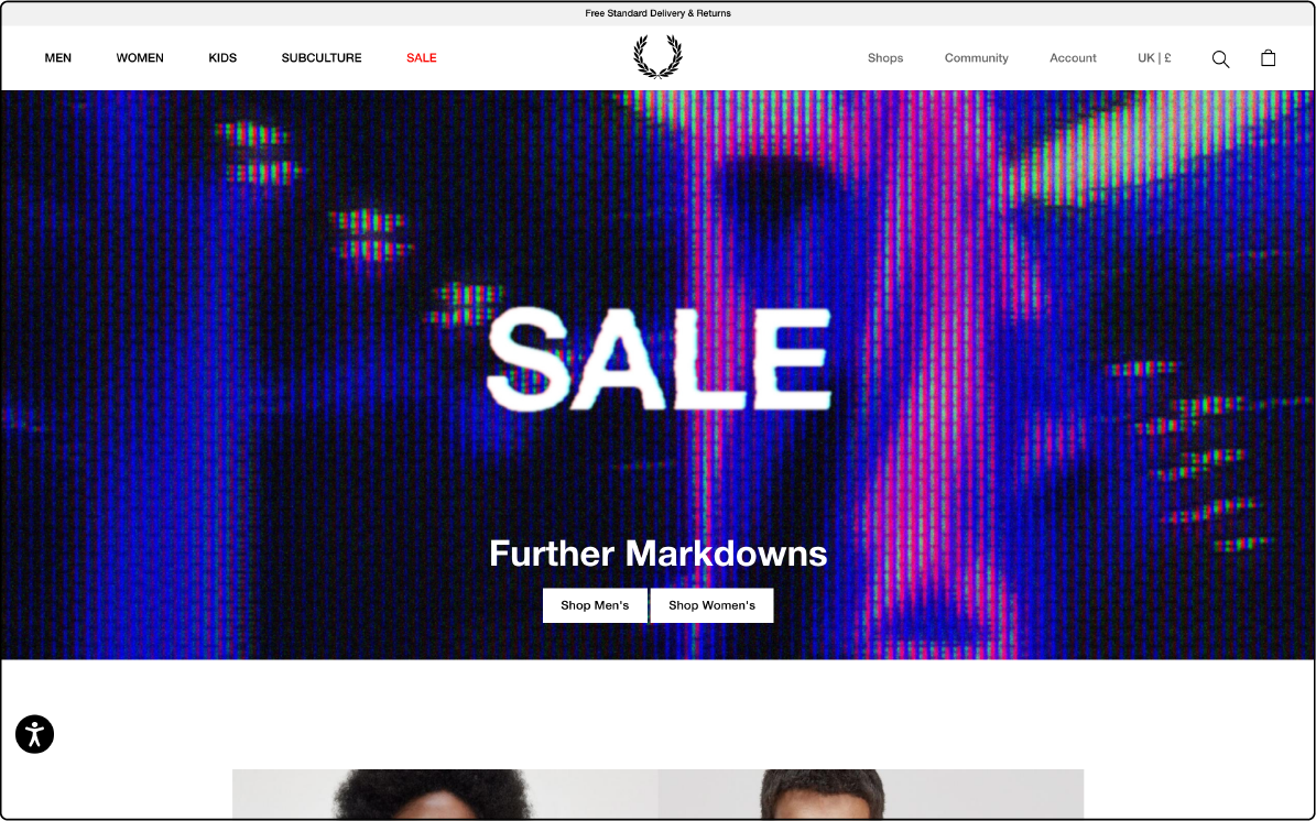 Fred Perry's eCommerce store on Magento, displaying a range of sportswear and casual wear.