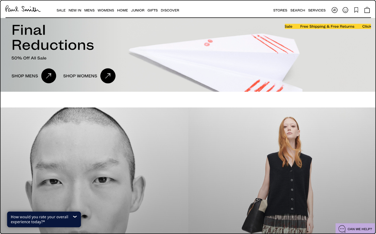 Paul Smith's multi-language Magento eCommerce platform displaying men's clothing range.