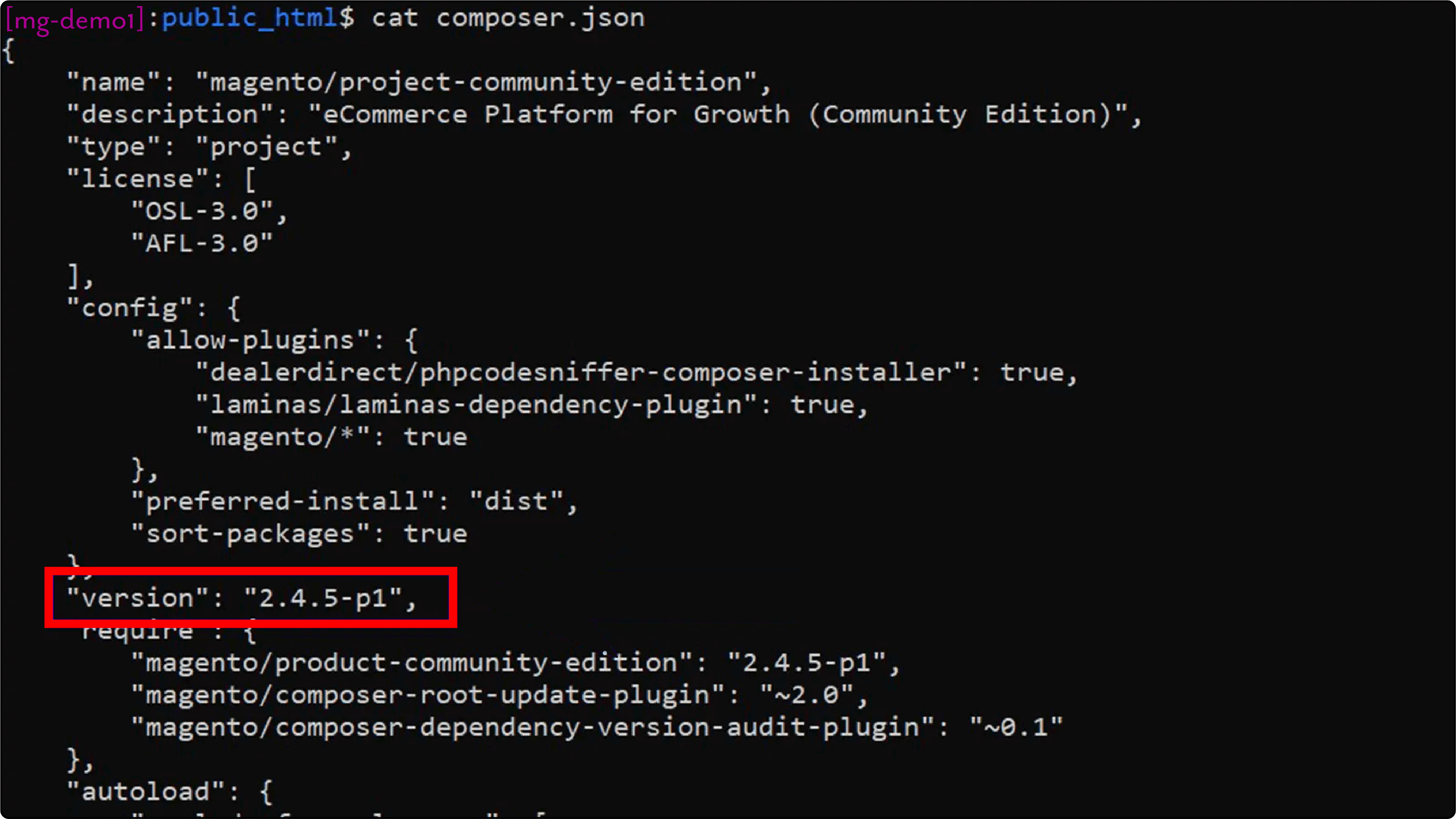 Procedure for verifying Magento version through composer.json file