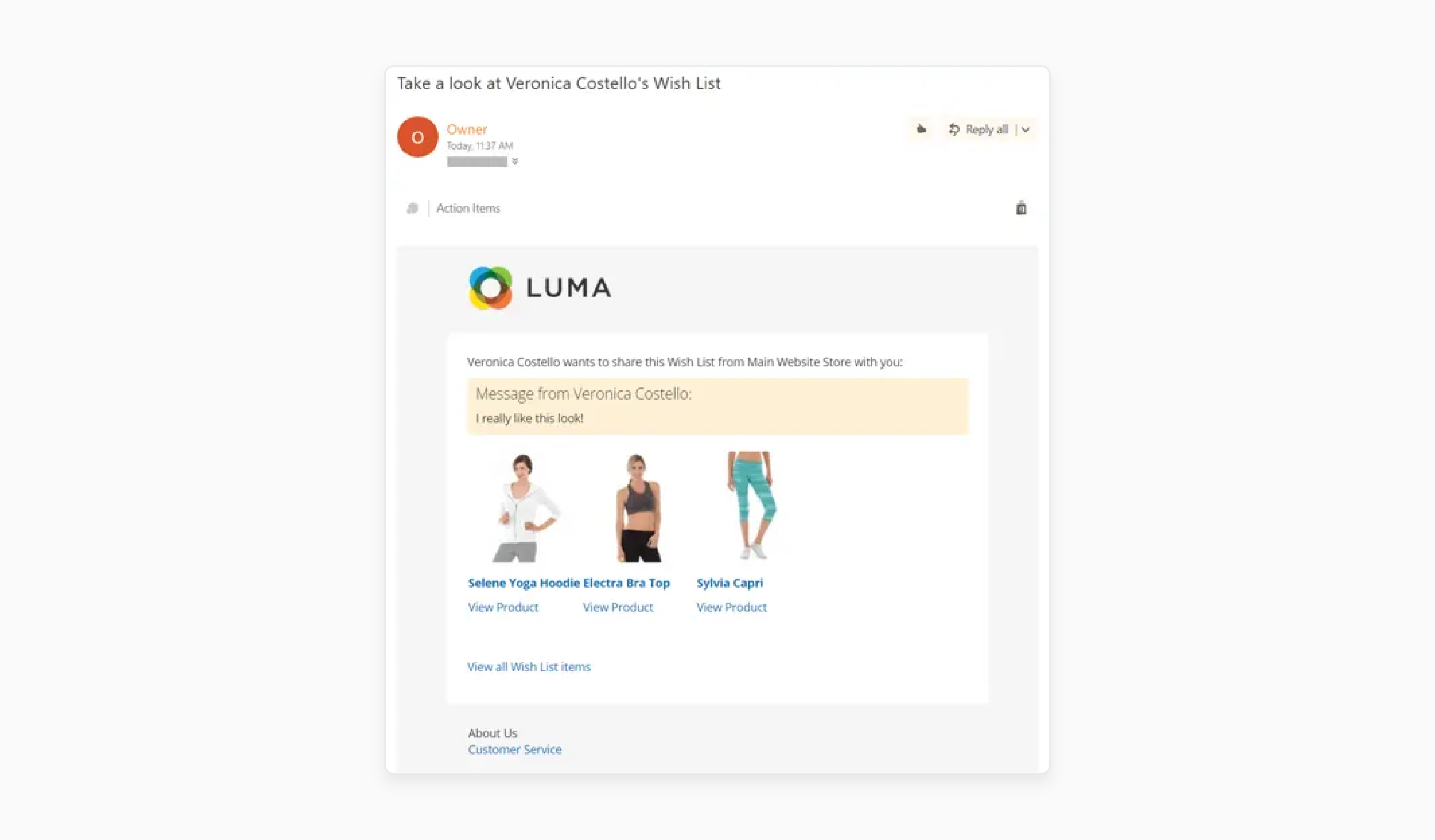 magento wishlist email containing personalized message and direct links to products